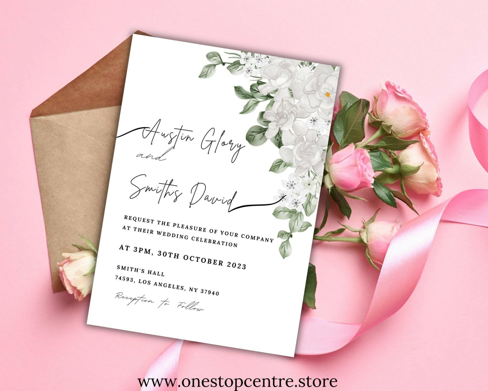 Botanical wedding invitation template with editable text