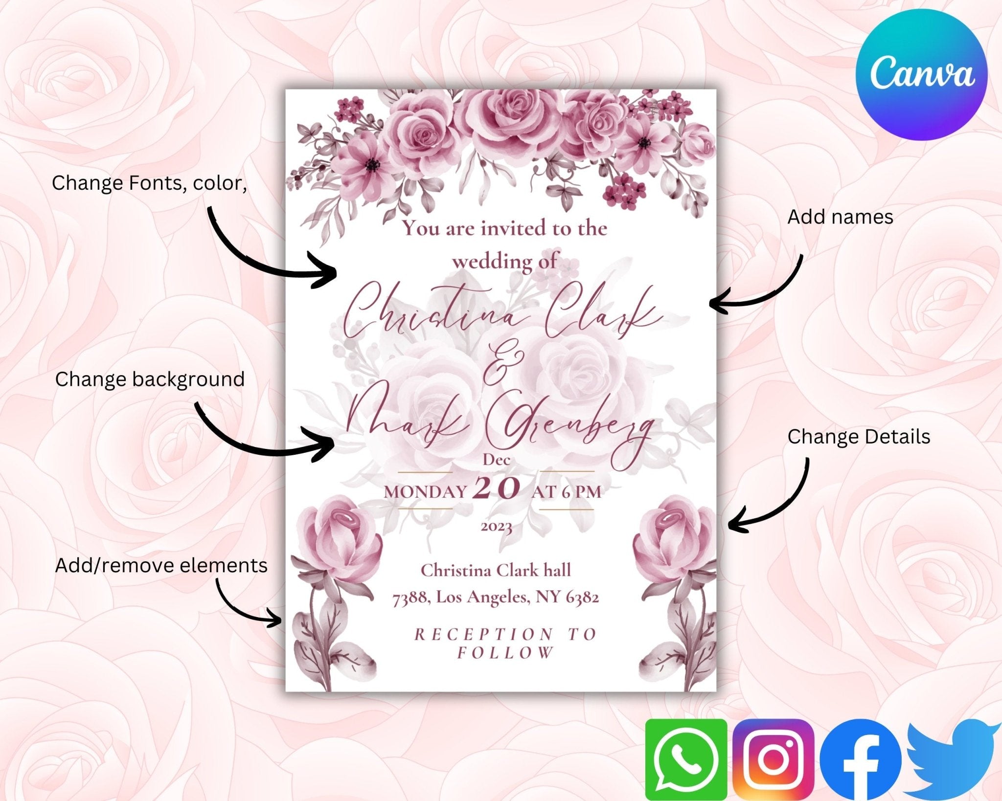 Printable pink roses wedding invitation card