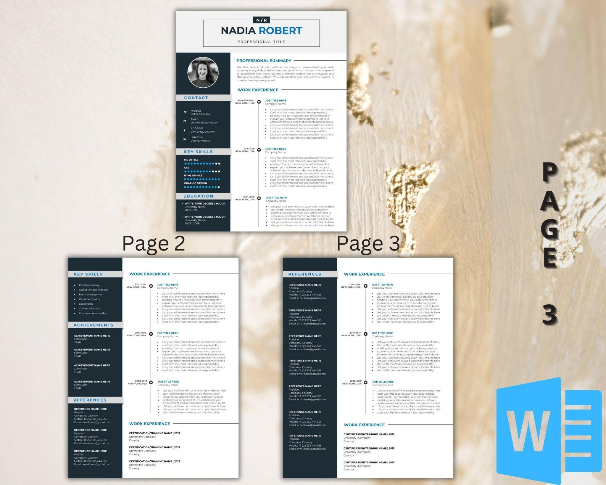Three-page modern resume set with matching cover letter and references