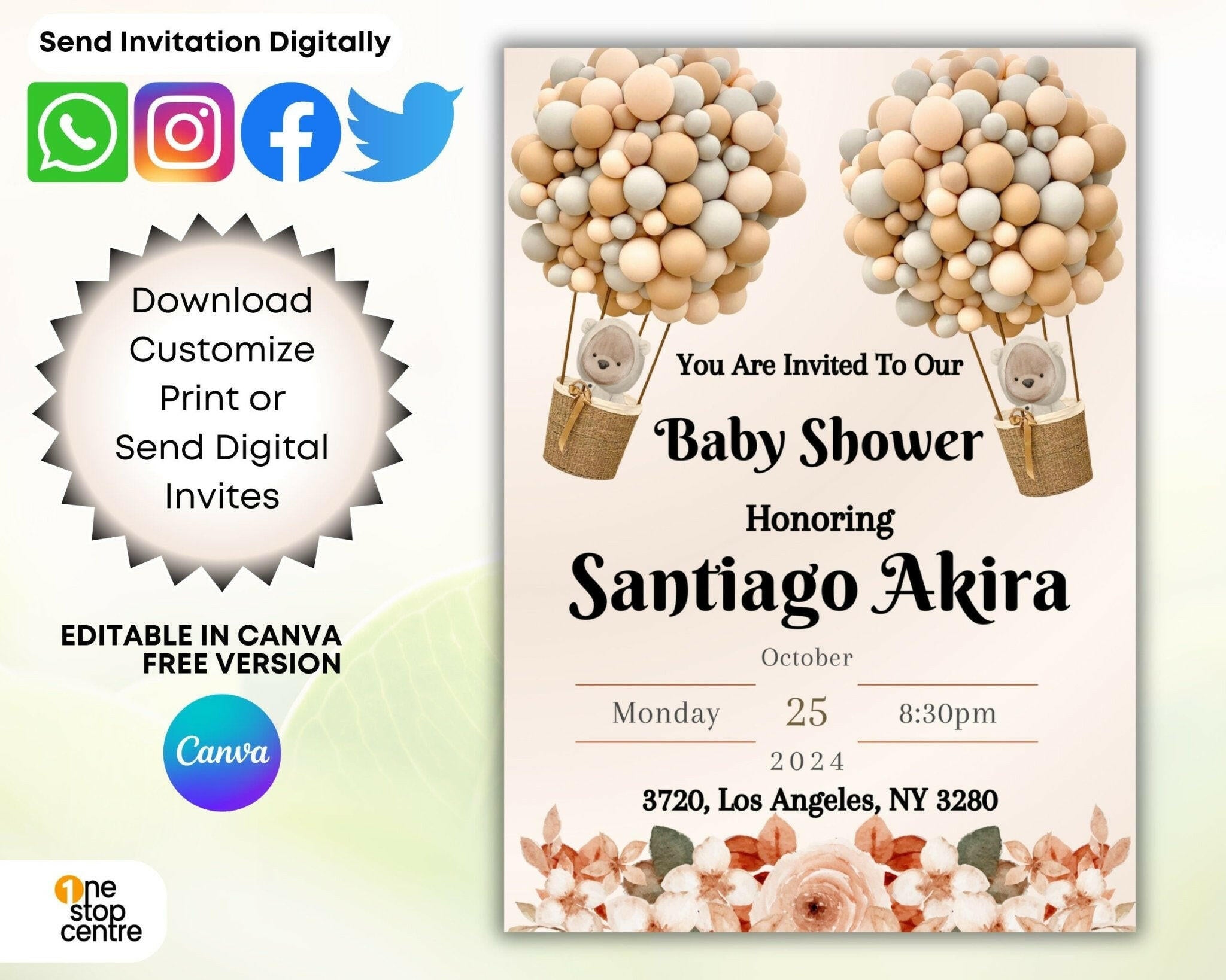 Canva baby shower template with floral design