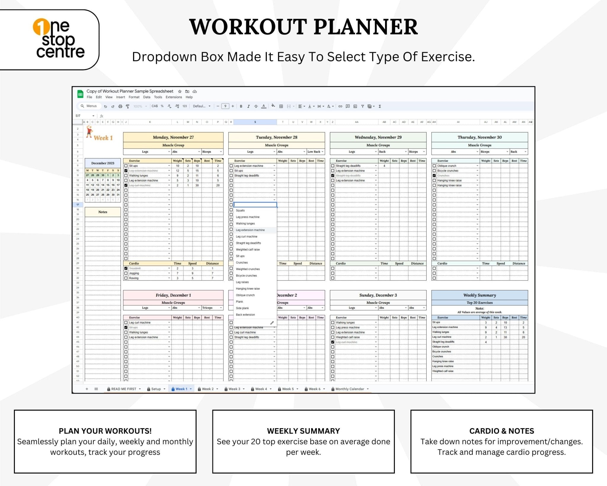 Google Sheets template for weightlifting and cardio tracking