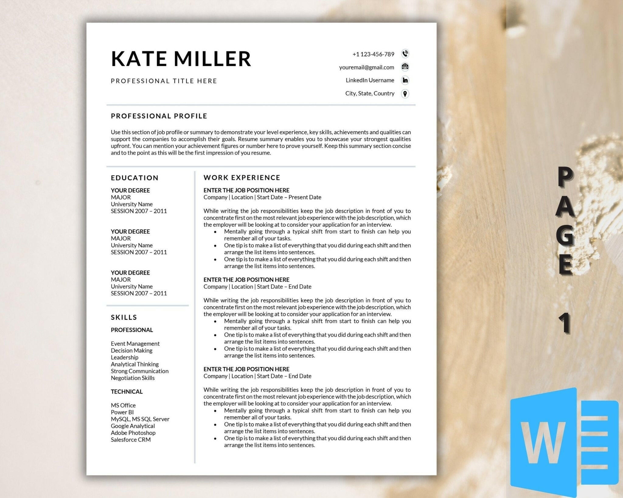 Minimalist ats Word resume template one page layout preview