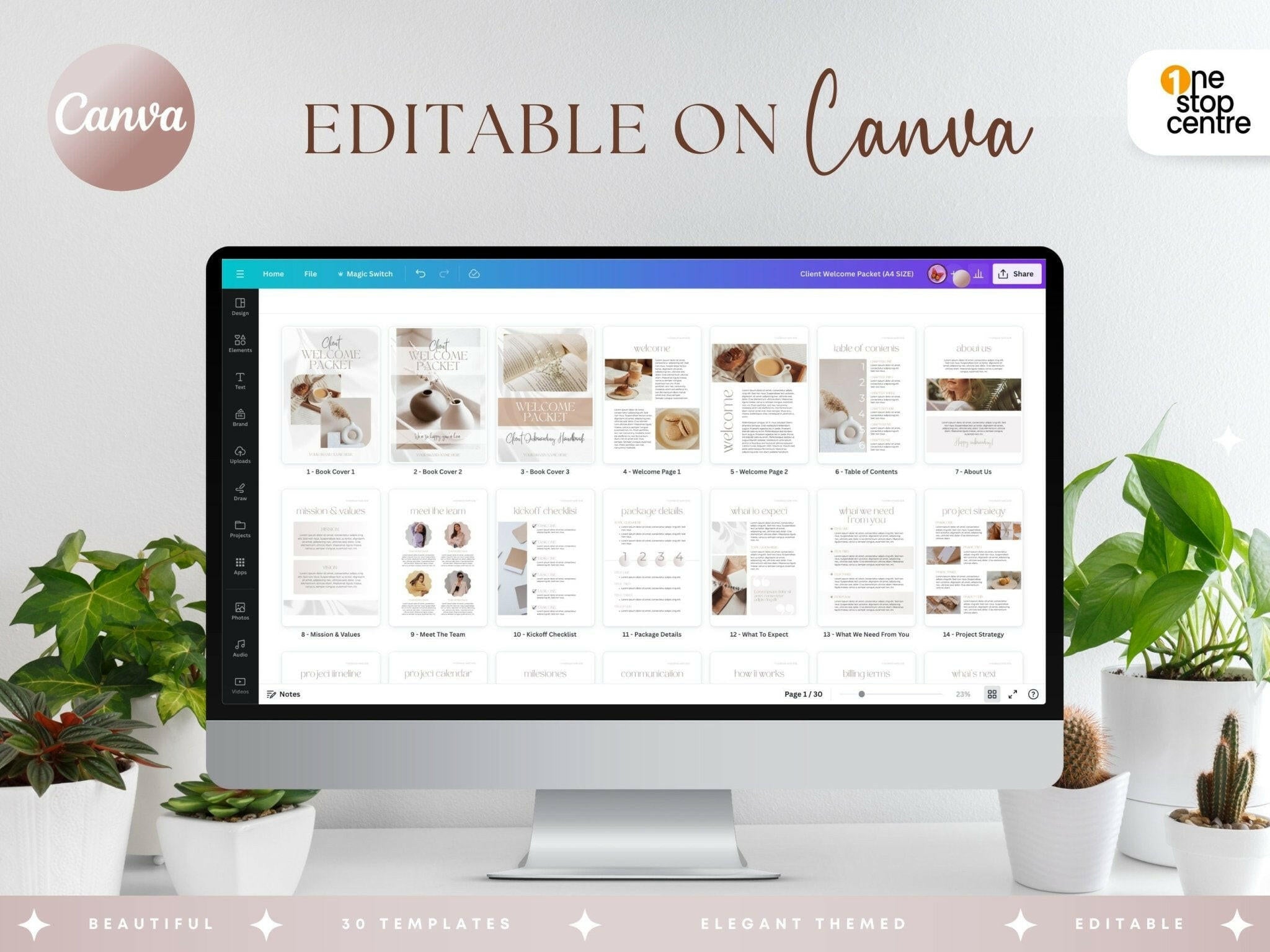Customisable client welcome packet template, 30 pages, in Canva free version