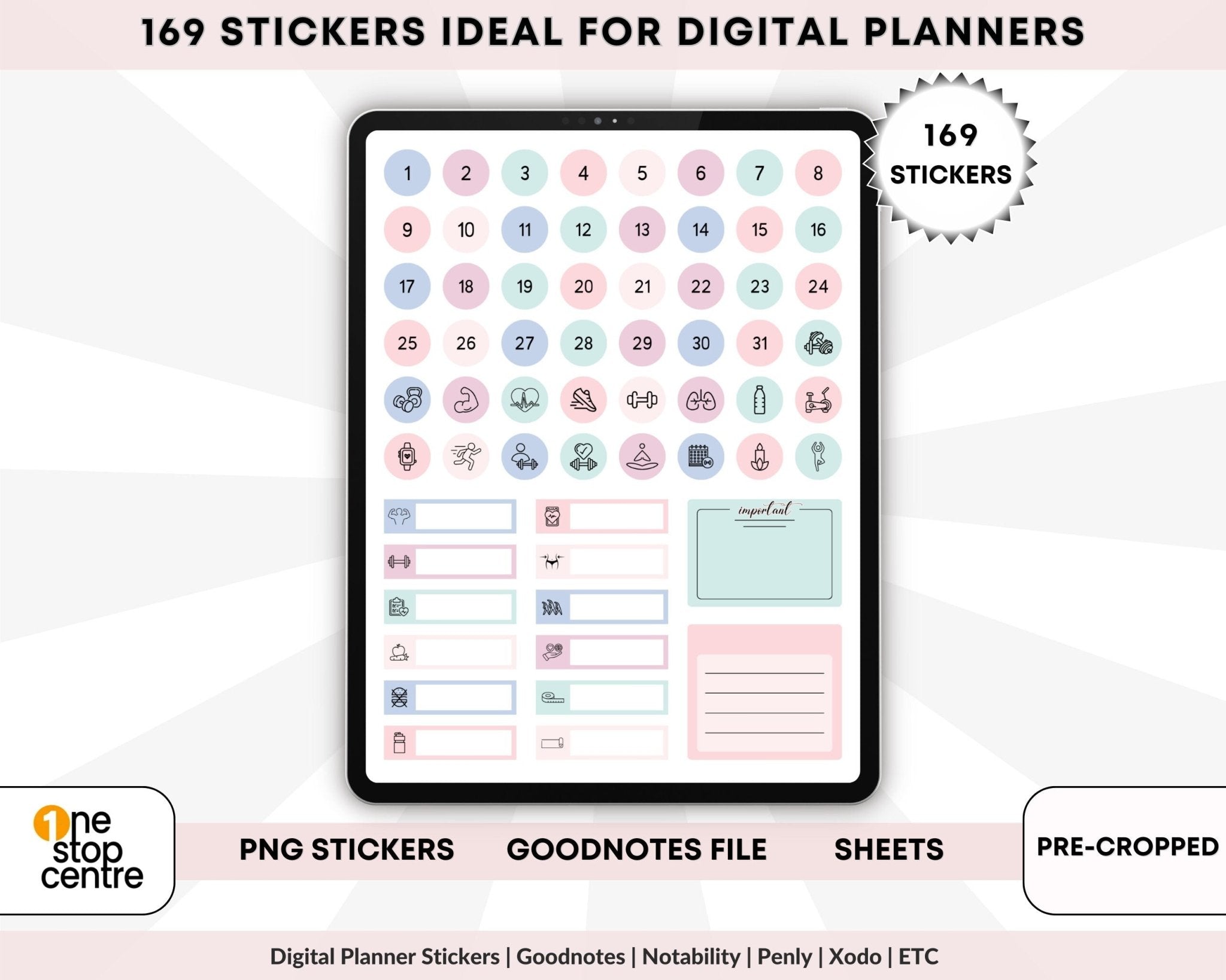 number and gym equipment's stickers for digital planning