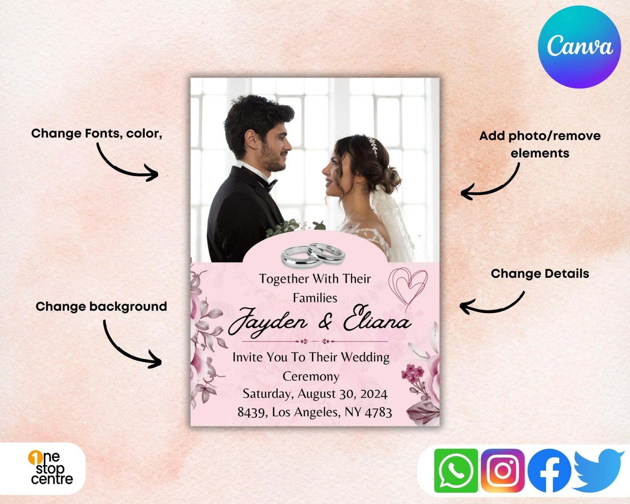 Editable pink wedding invitation template.