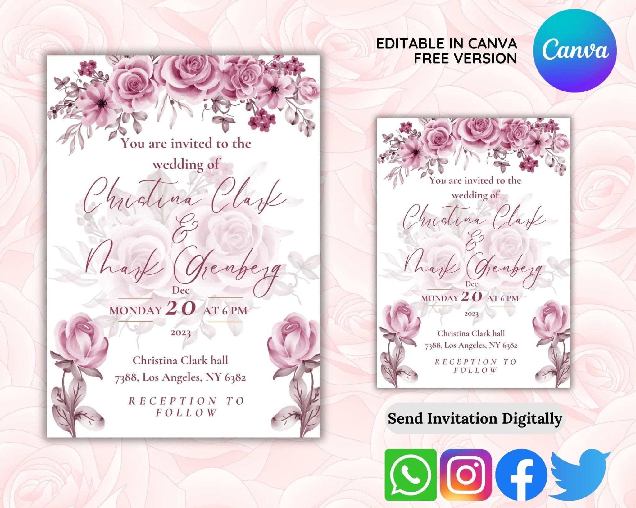 5x7" floral wedding invite design with pink roses
