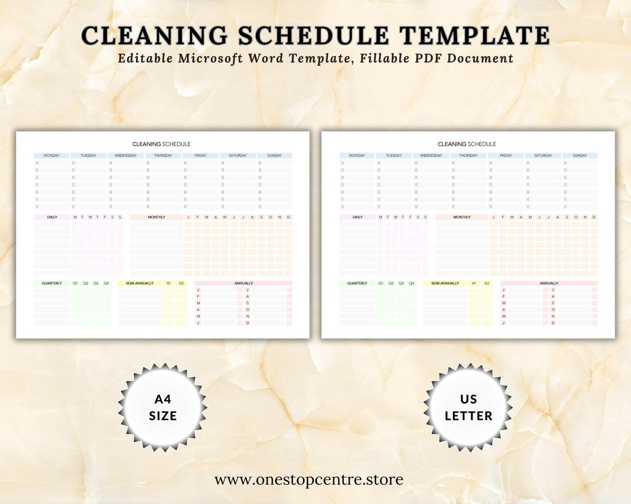 Monthly cleaning calendar layout for household