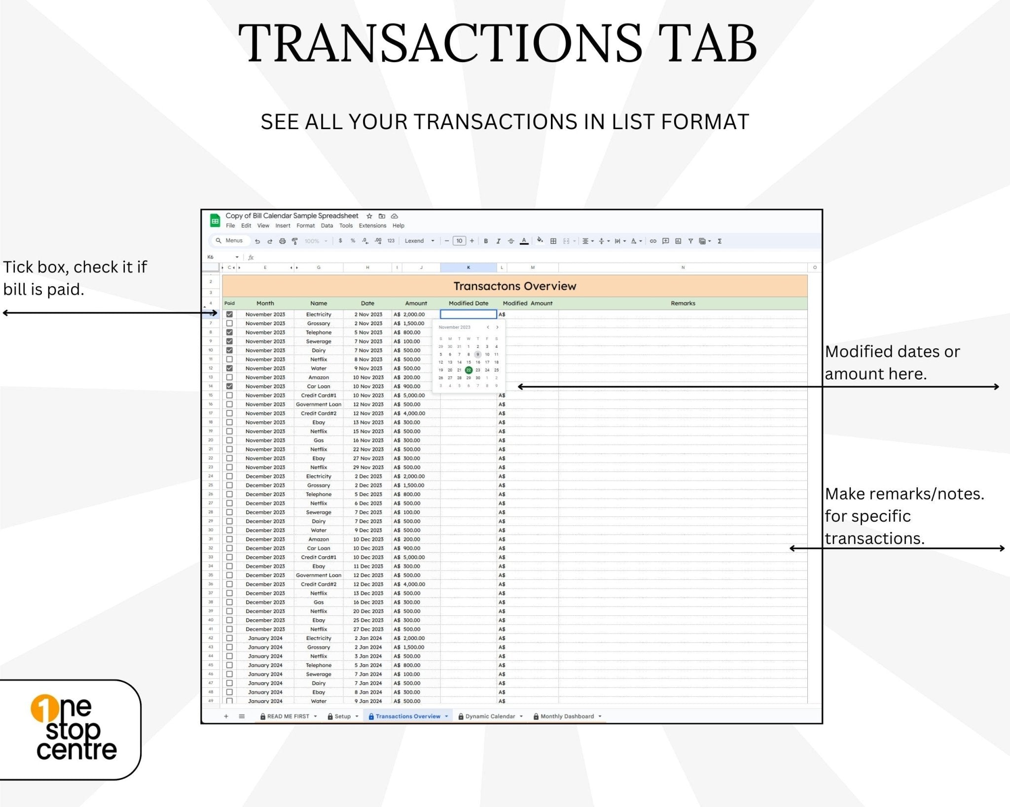 transaction tab within Google Sheets monthly bill calendar and payment dashboard