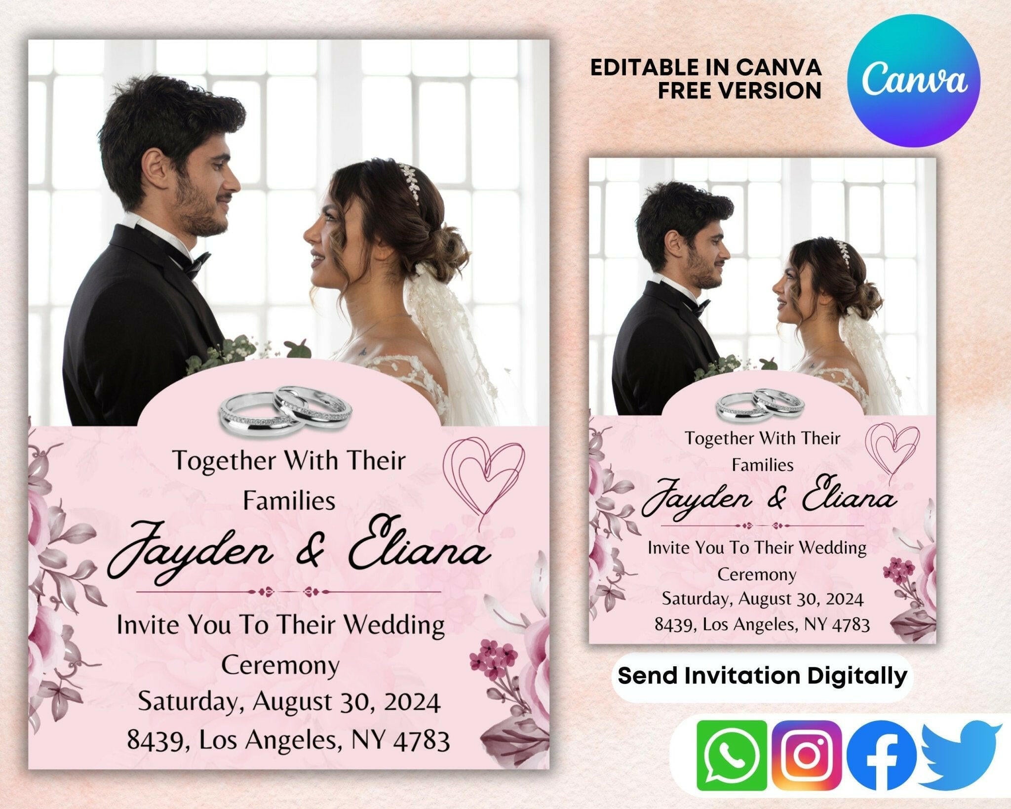 Elegant digital wedding invite with soft pink design.