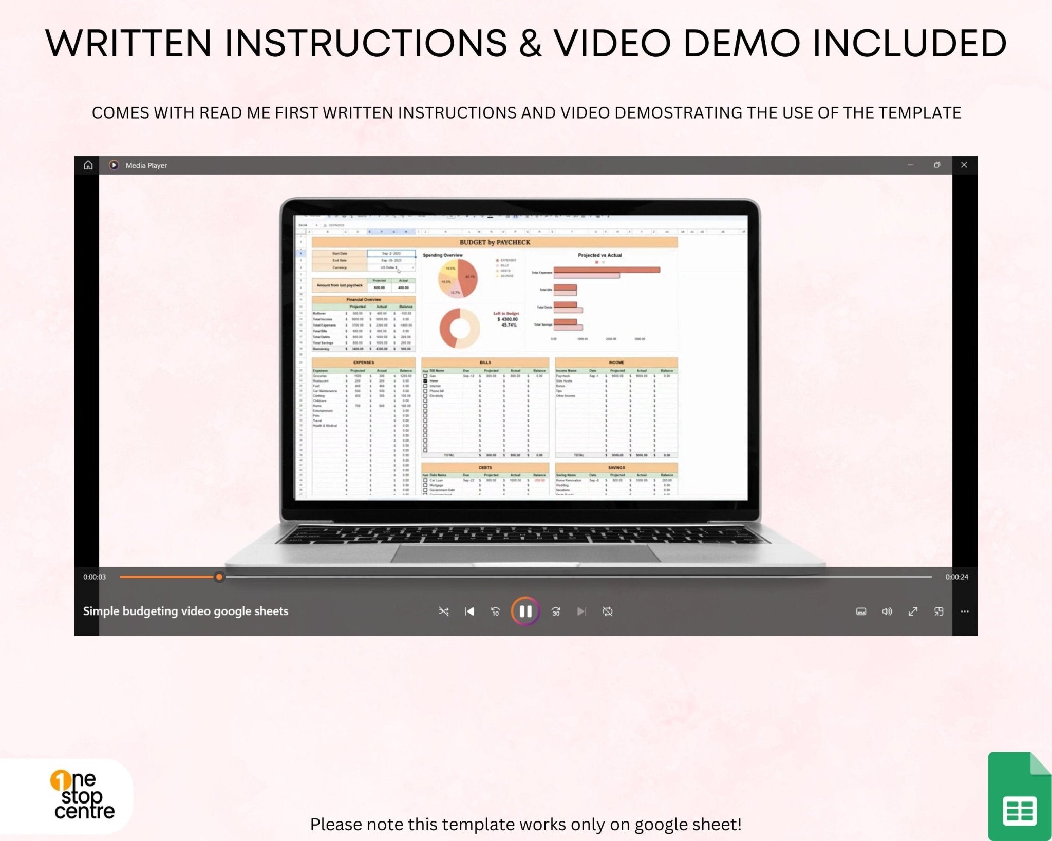 video and written instruction included with Google Sheets monthly budget planner spreadsheet