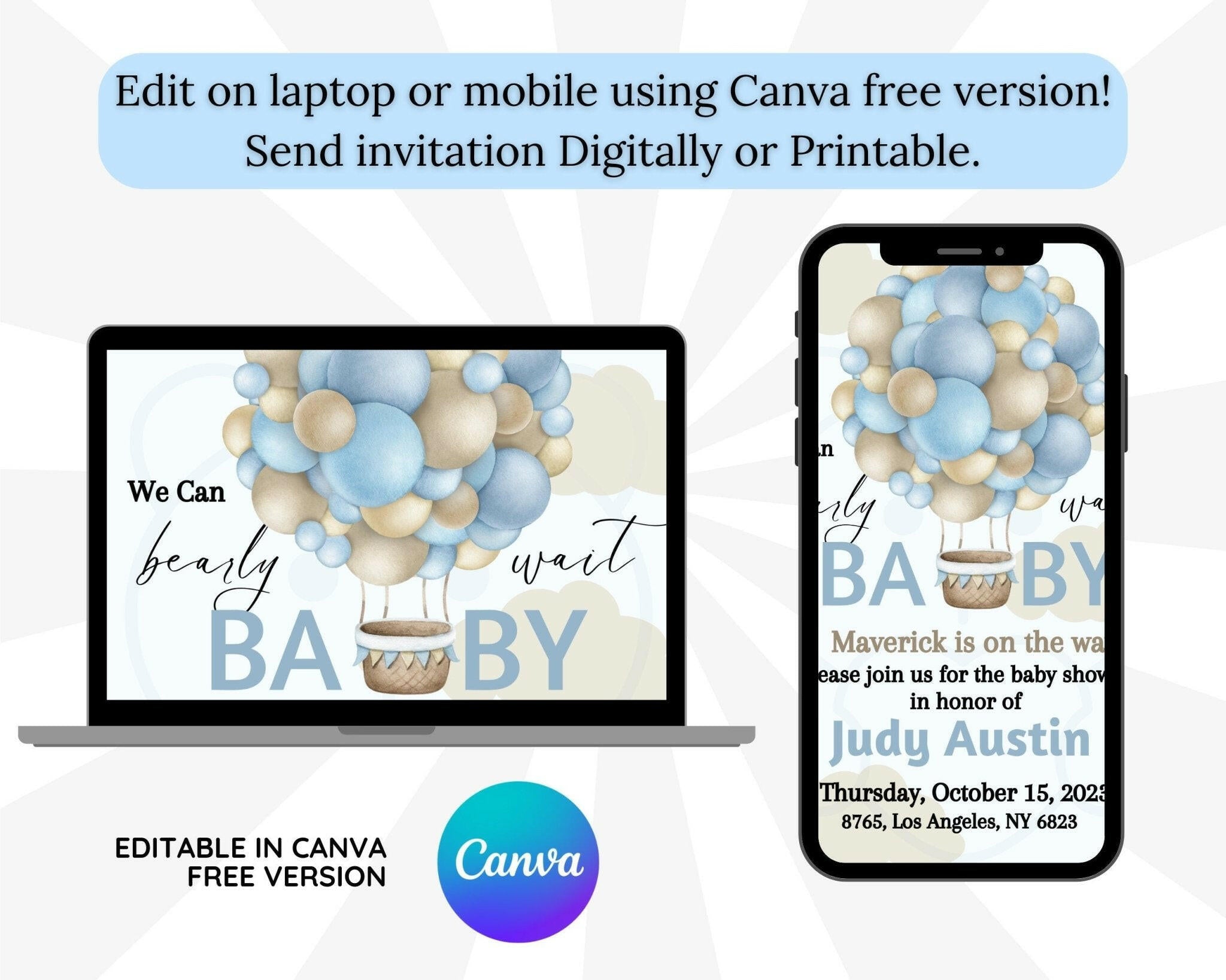 Modern blue baby shower invite editable on mobile