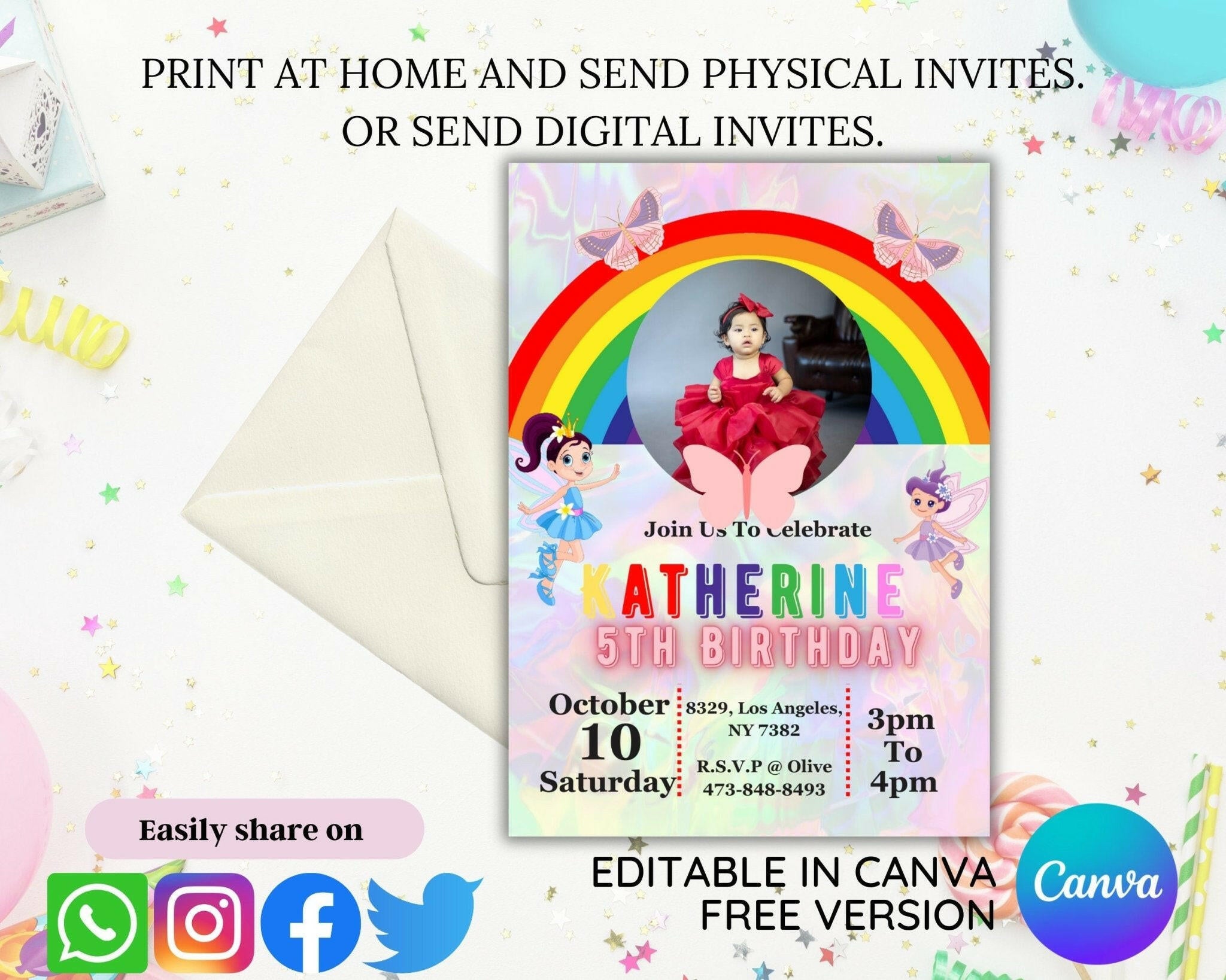 Printable 5x7 birthday card for children with rainbow theme