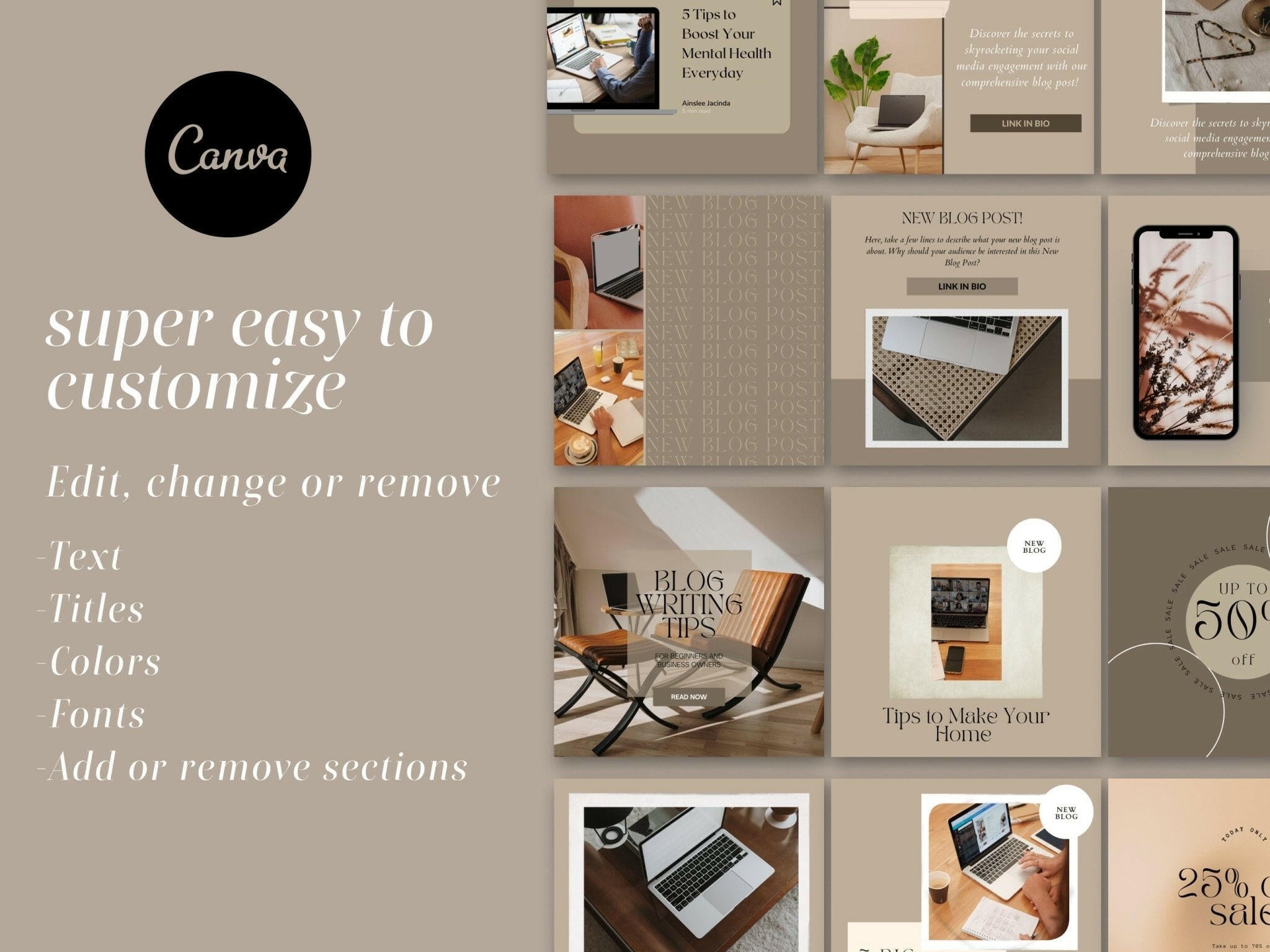200 Course Training Instagram Templates – Aesthetic Brown Canva Posts & Stories for Facebook & Instagram