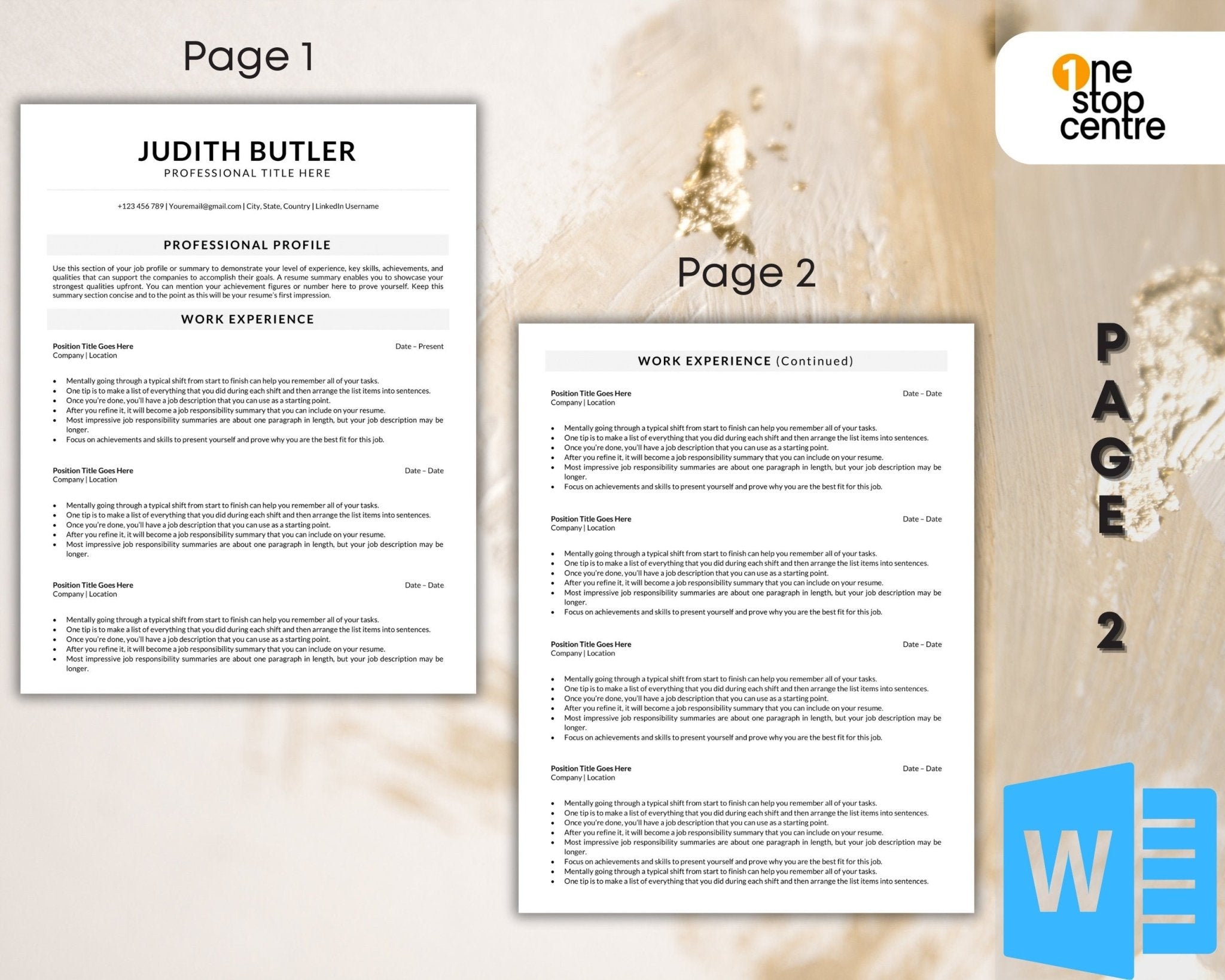 one and two-page resume template with editable icons and sections