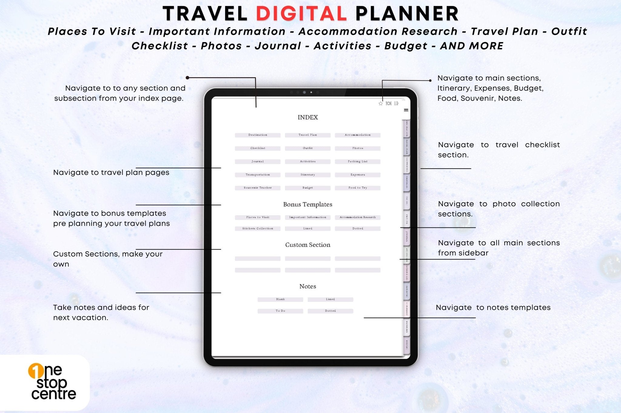 Travel digital planner index page and navigation tabs