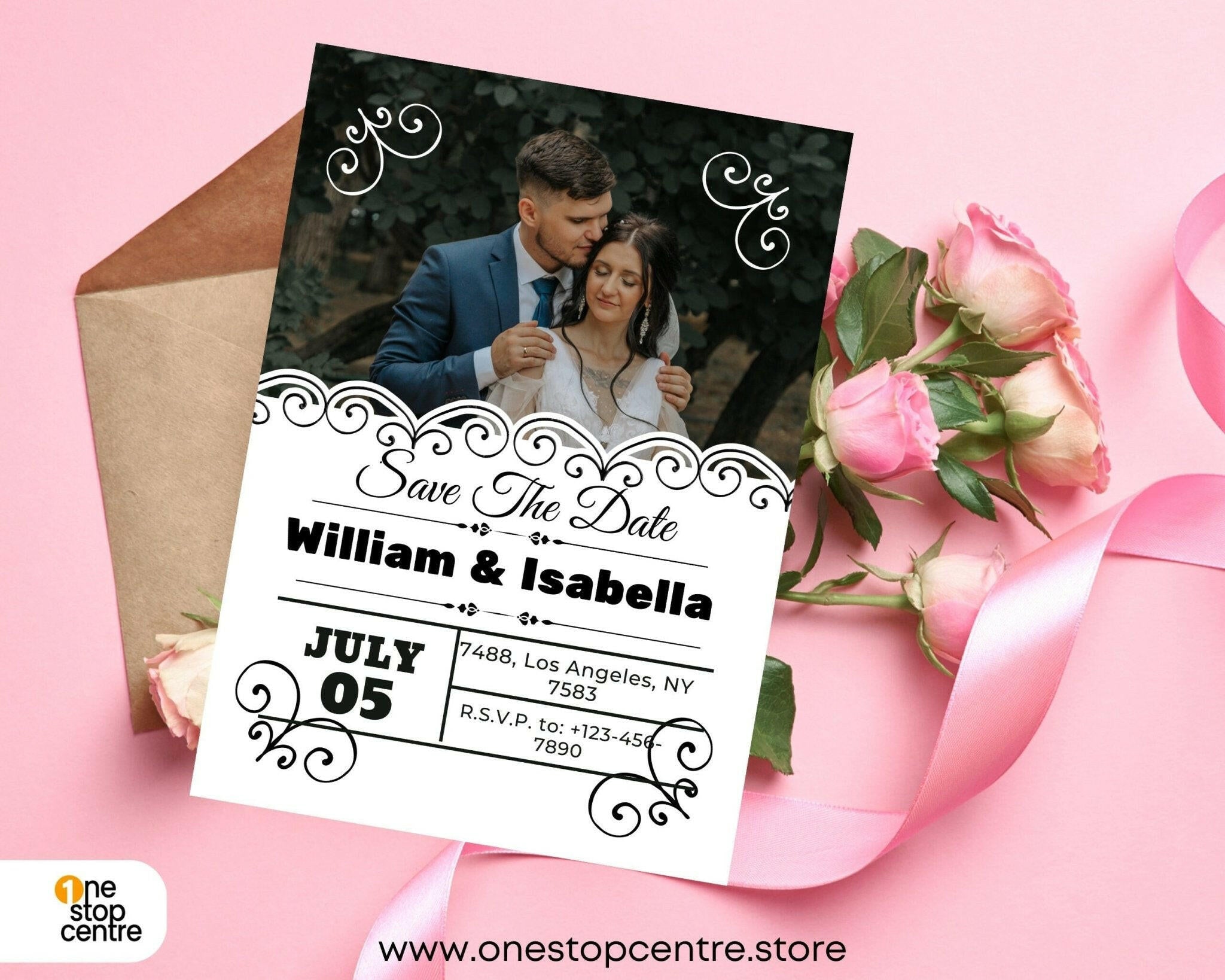 Editable Canva wedding invite featuring couple's photo