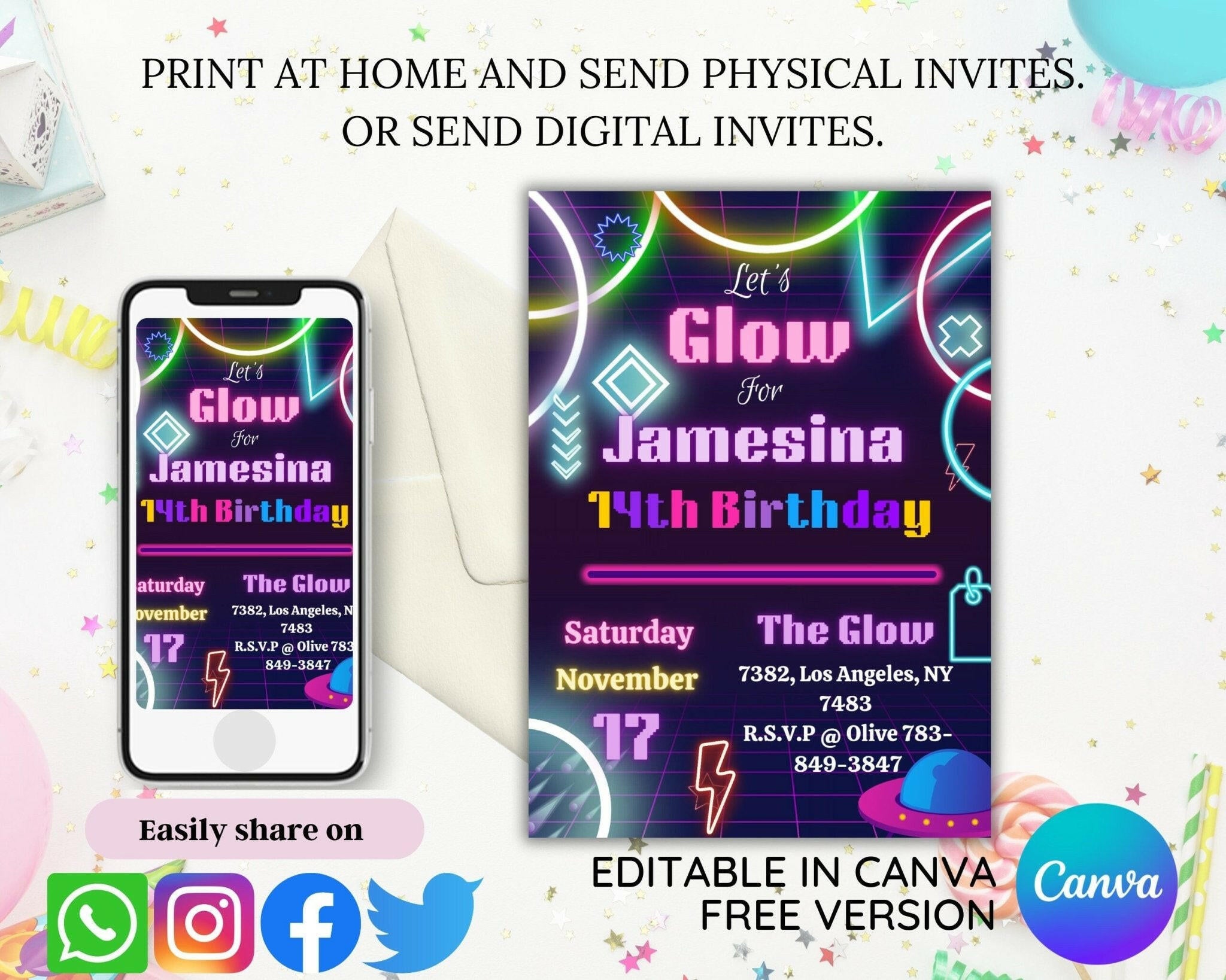 Digital glowing invitation design on mobile and desktop