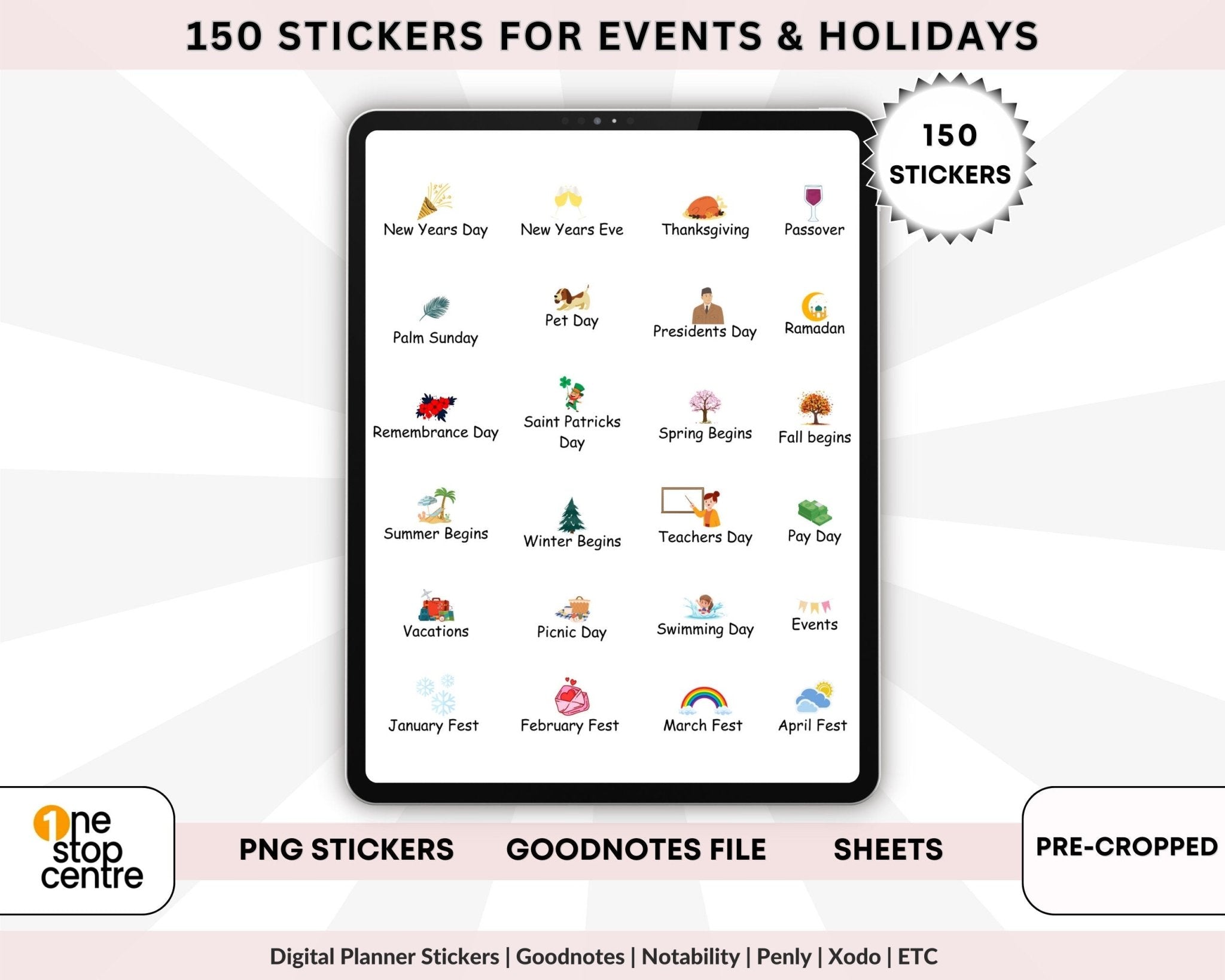 Pre-cropped PNG holiday stickers for digital planners