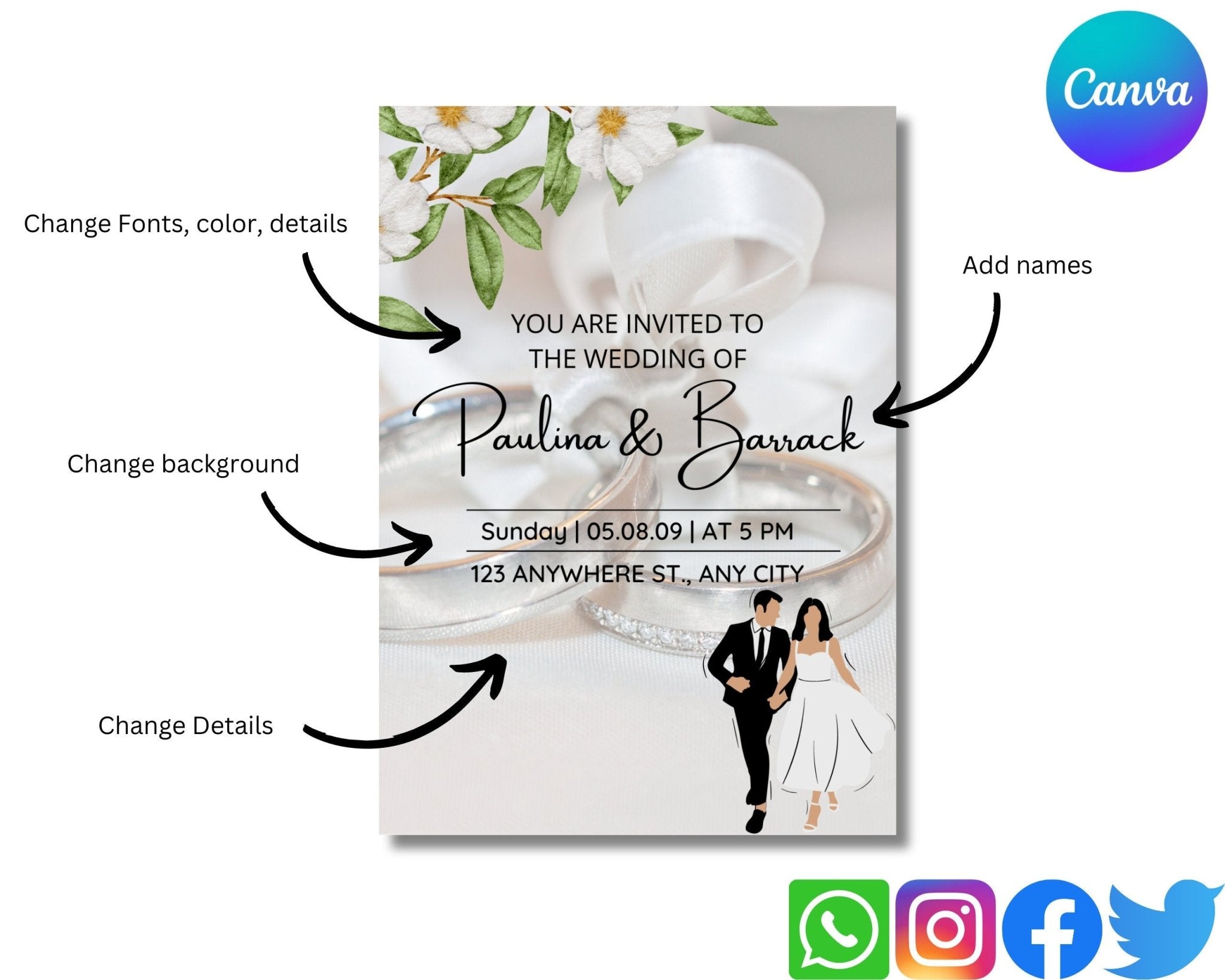 Wedding invitation digital download with editable text