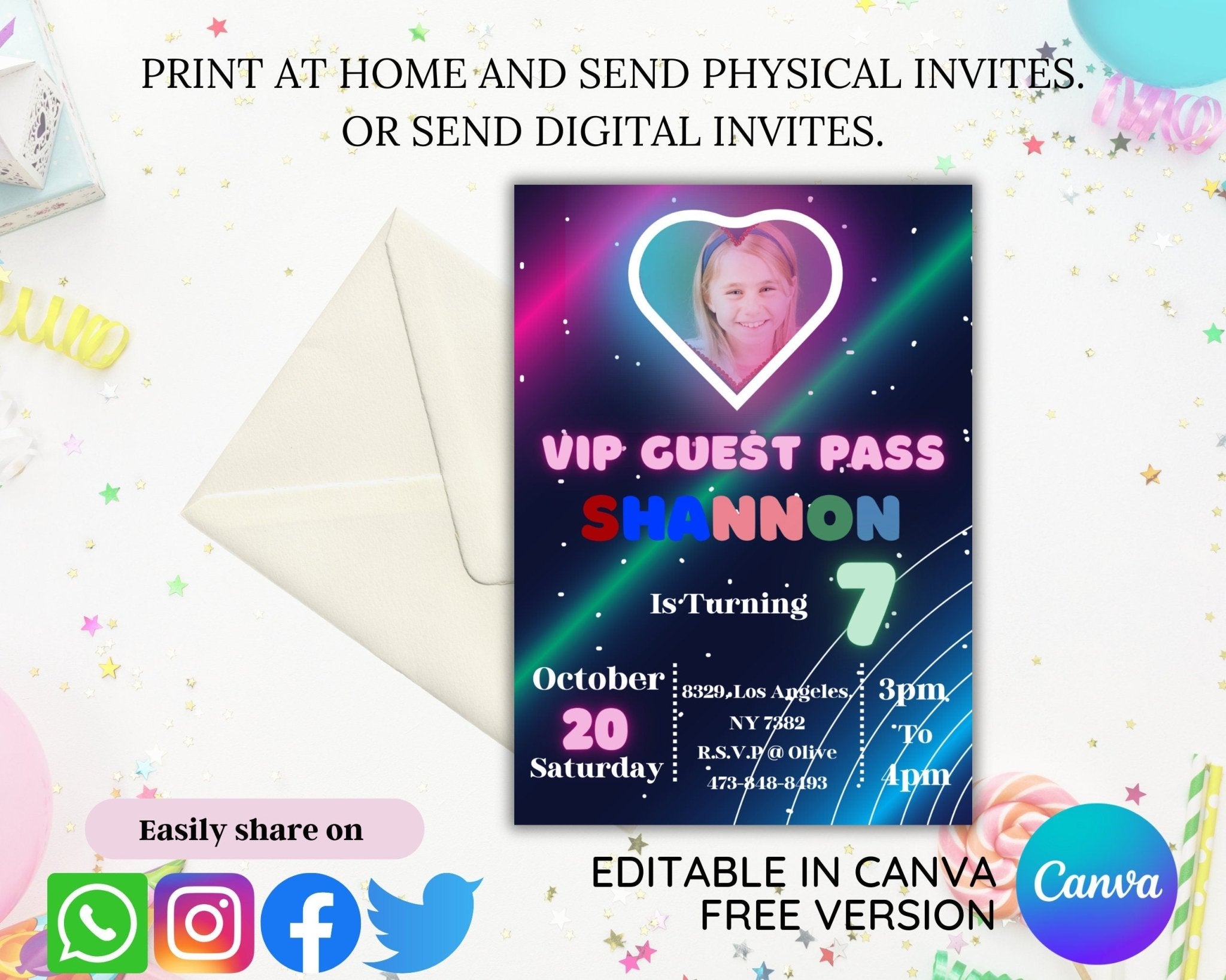 Glow party kids invitation editable in Canva Free