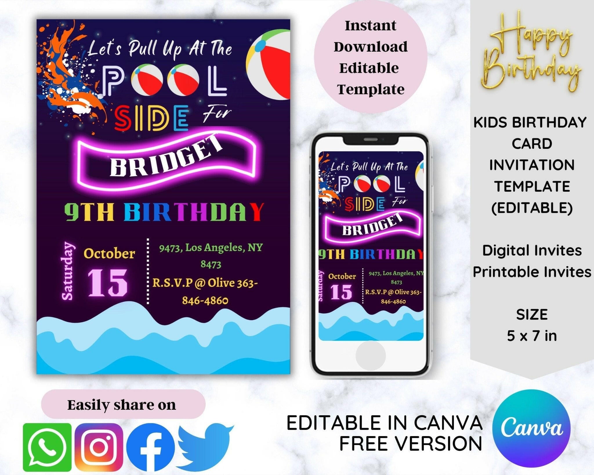 Neon birthday invitation template for kids – glowing 5x7 design