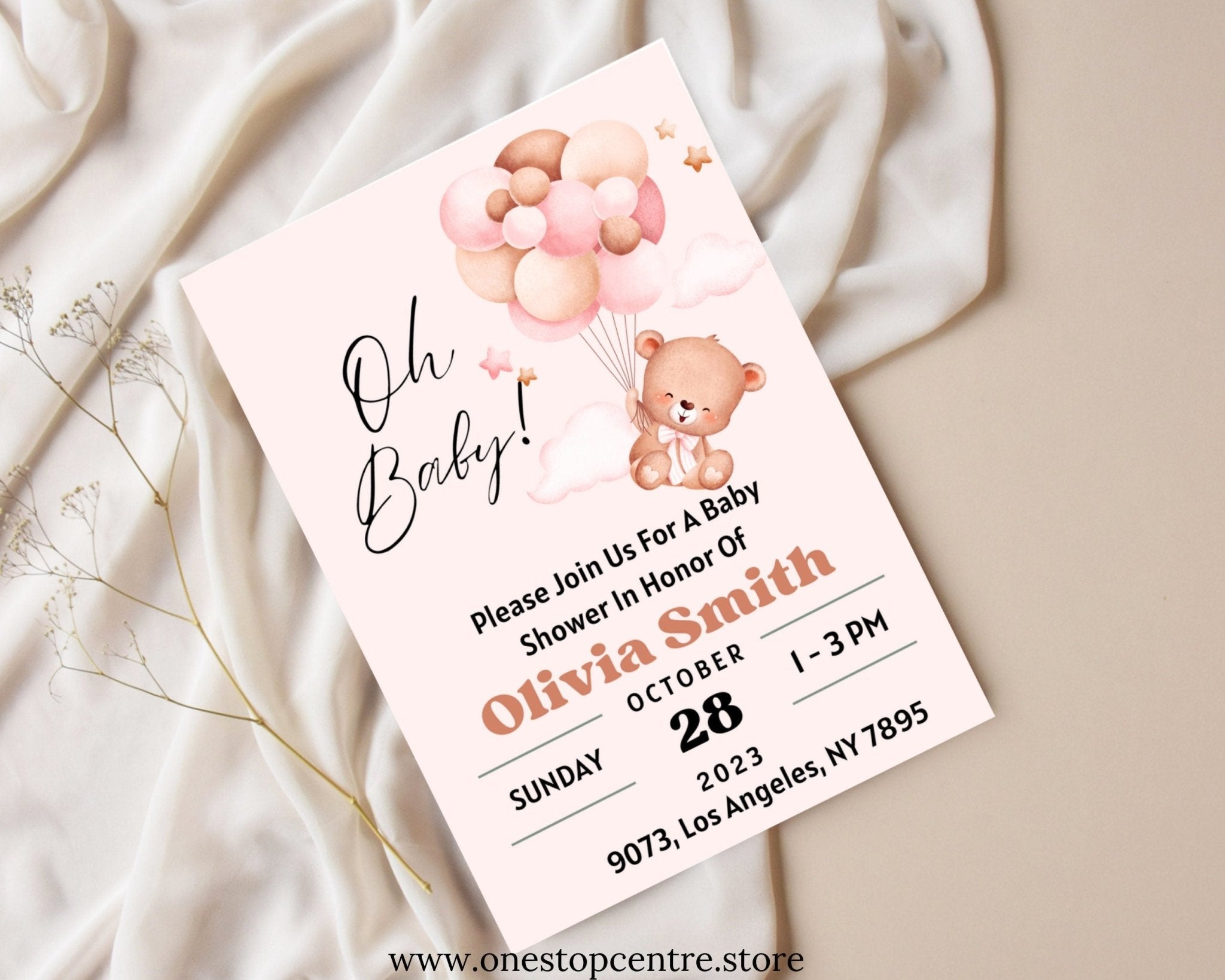 Printable pink baby shower invitation with teddy bear