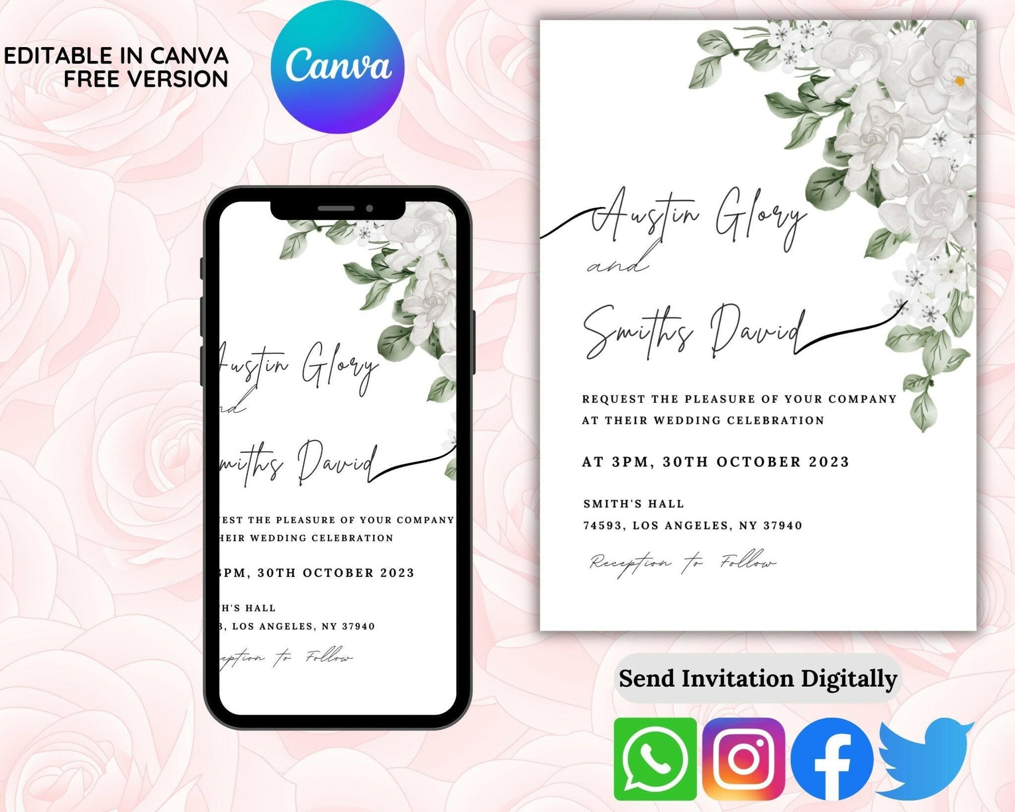 Editable digital wedding card with minimalist layout