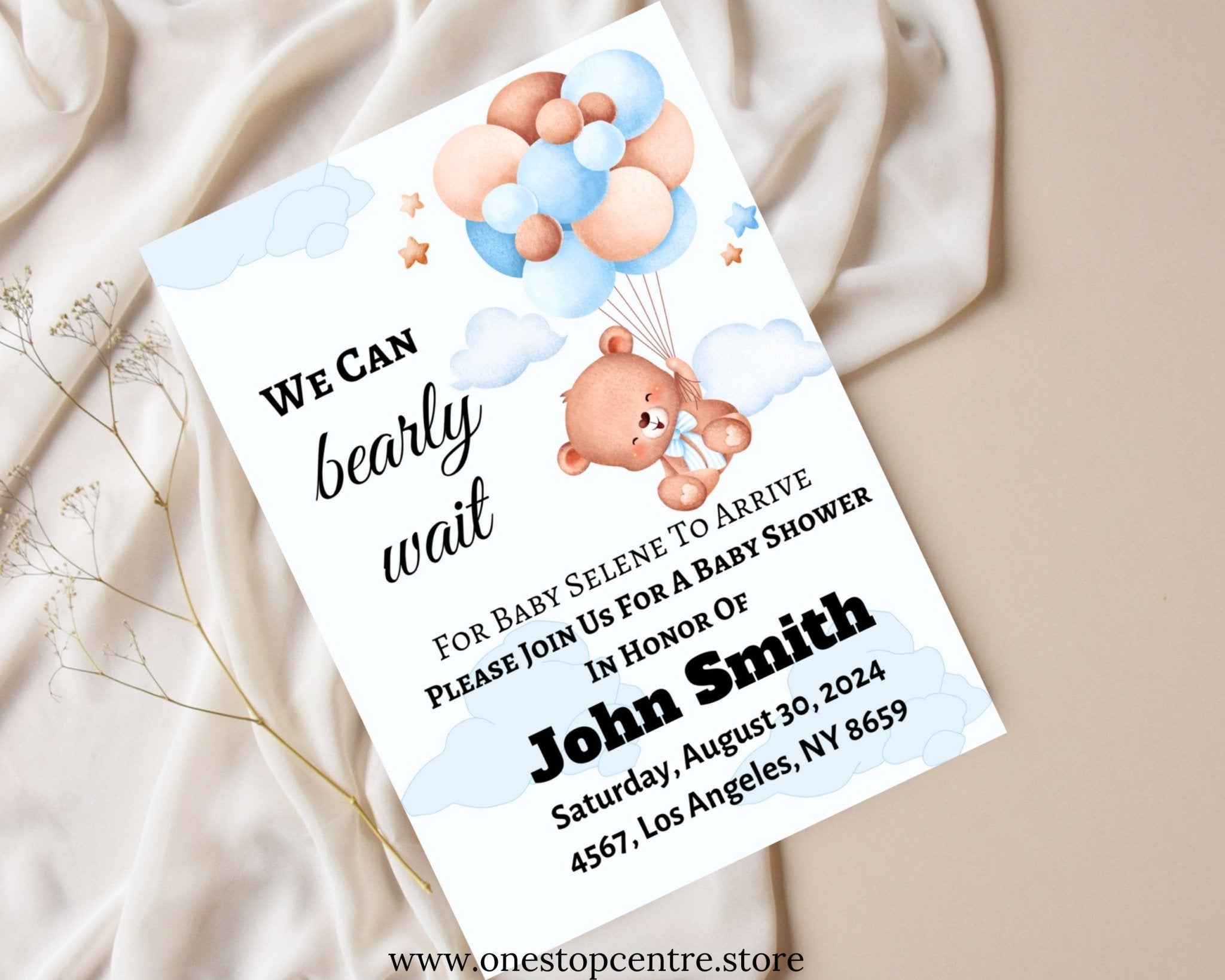 Baby boy shower invitation with teddy bear