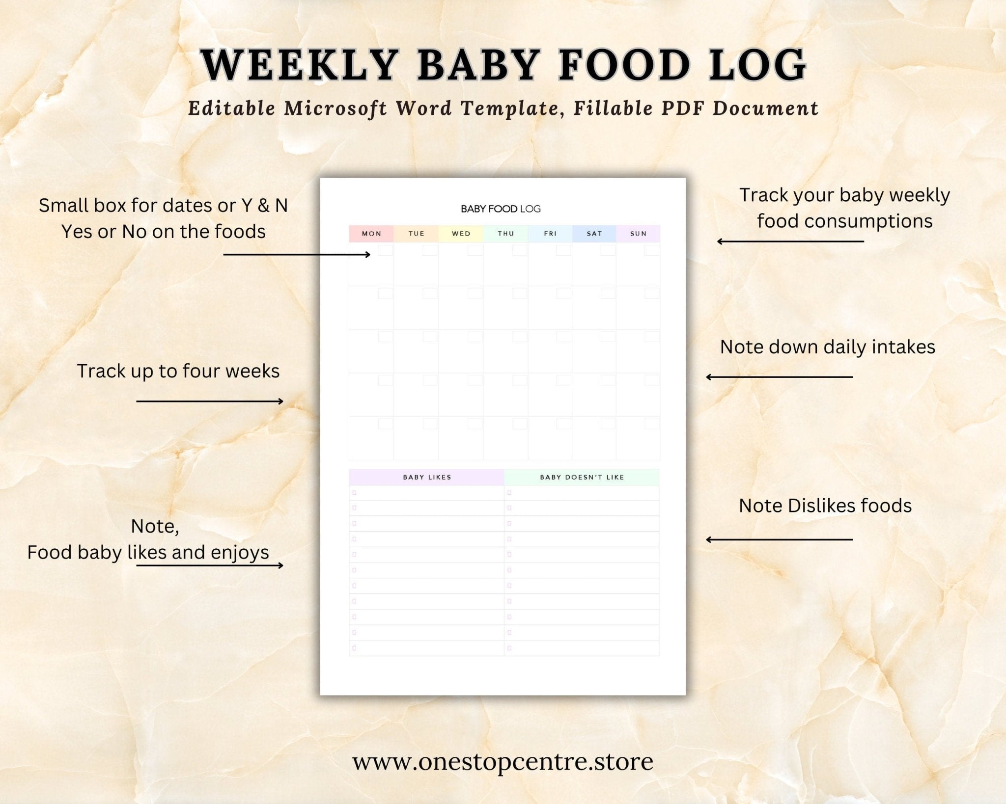Weekly baby food log template with text and layout on a beige background