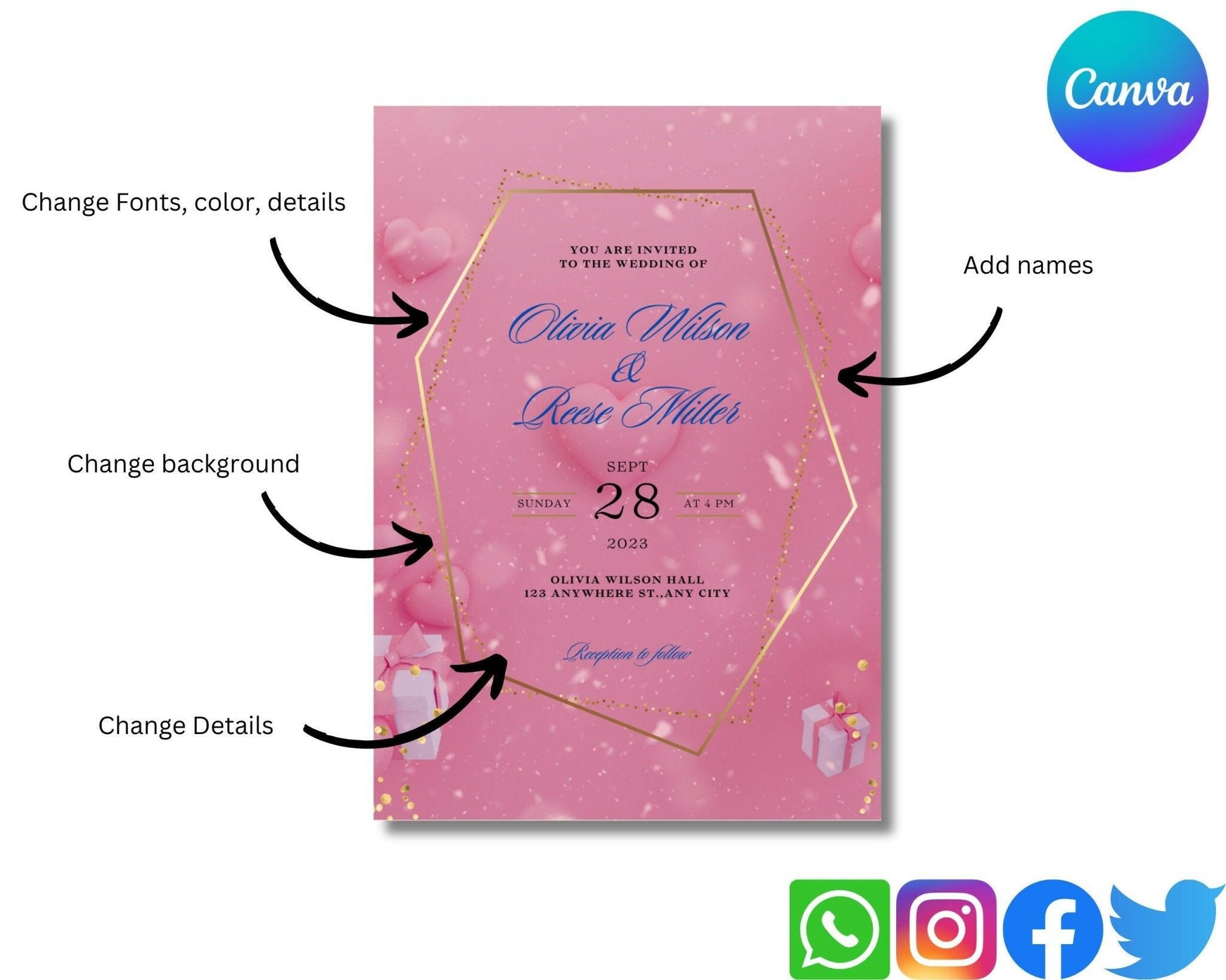 Printable pink wedding invitation and RSVP card set
