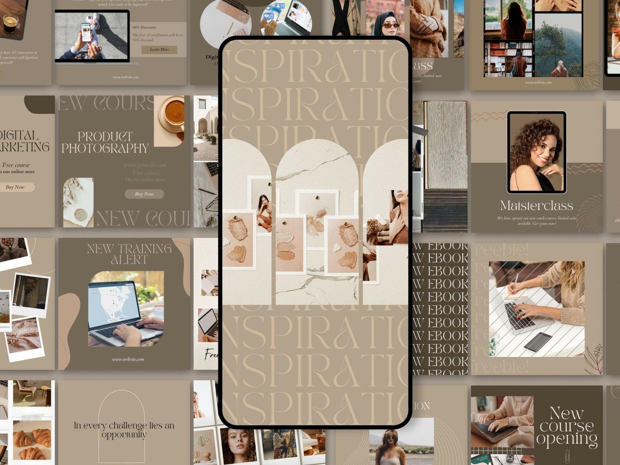 200 Course Training Instagram Templates – Aesthetic Brown Canva Posts & Stories for Facebook & Instagram