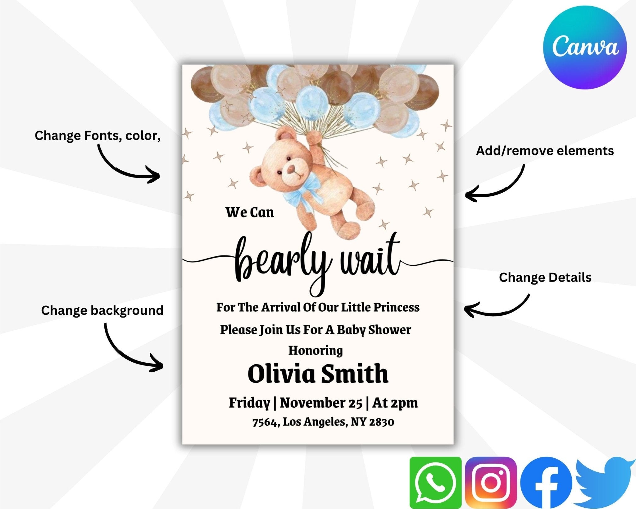 Customizable baby shower invite with balloons and stars