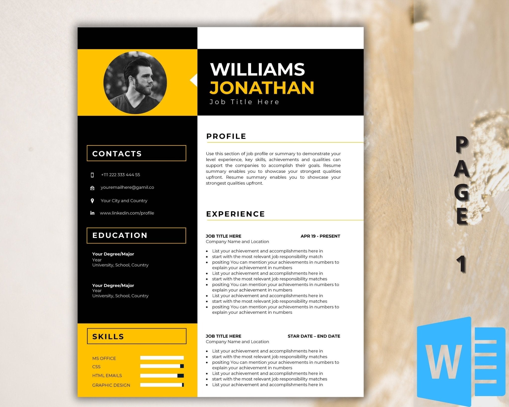 Editable 1-page resume layout featuring a modern design.