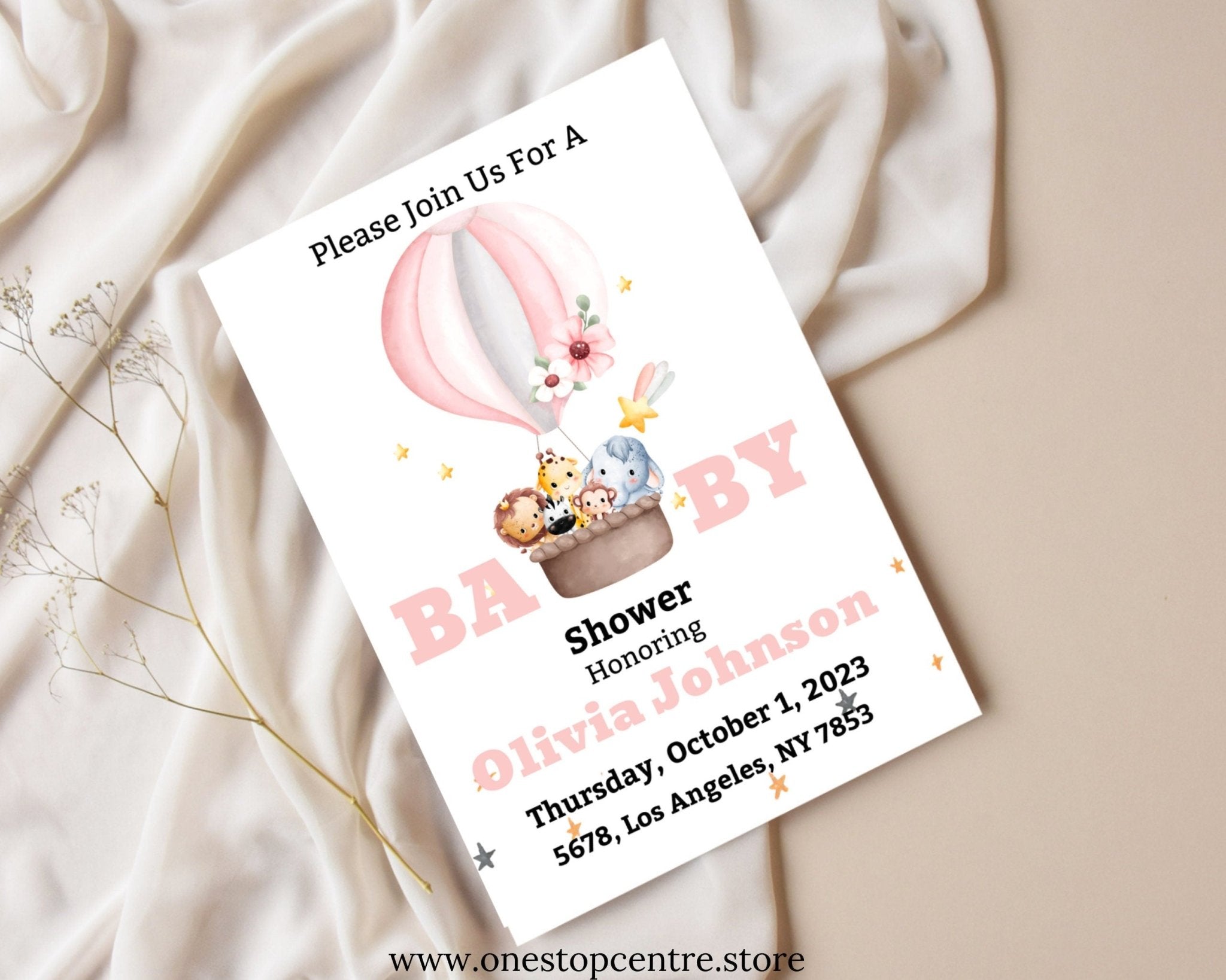 Minimalist girl baby shower card in pink theme
