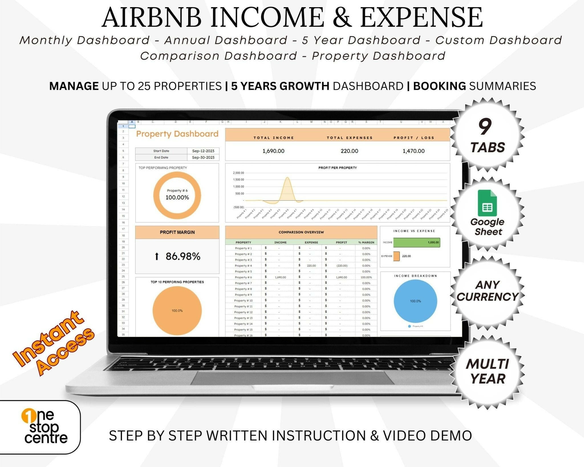 Airbnb income and expense dashboard for Google Sheets
