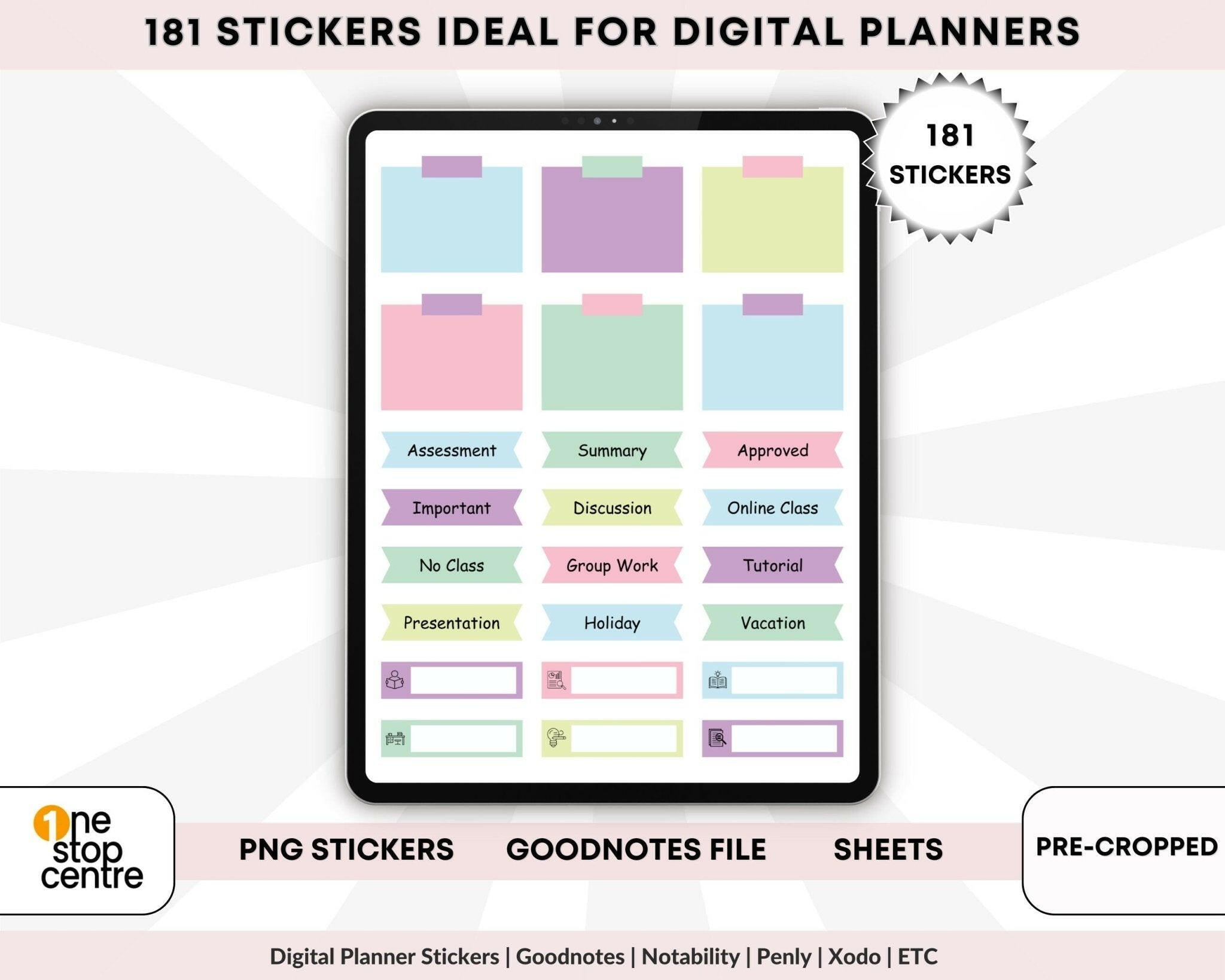 Goodnotes Elements panel showing organized student sticker categories