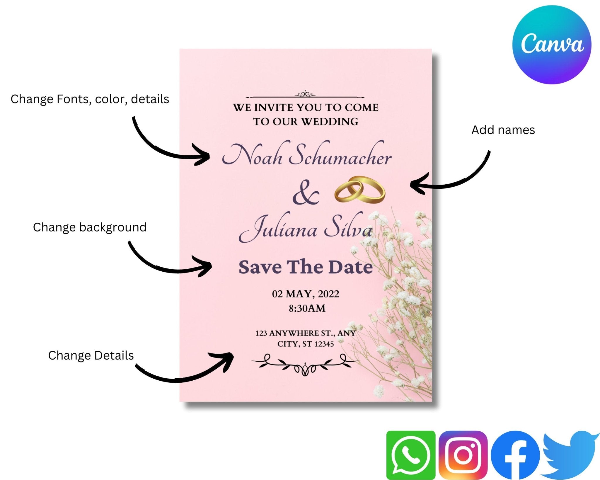 customise wedding invitation design for digital or print use