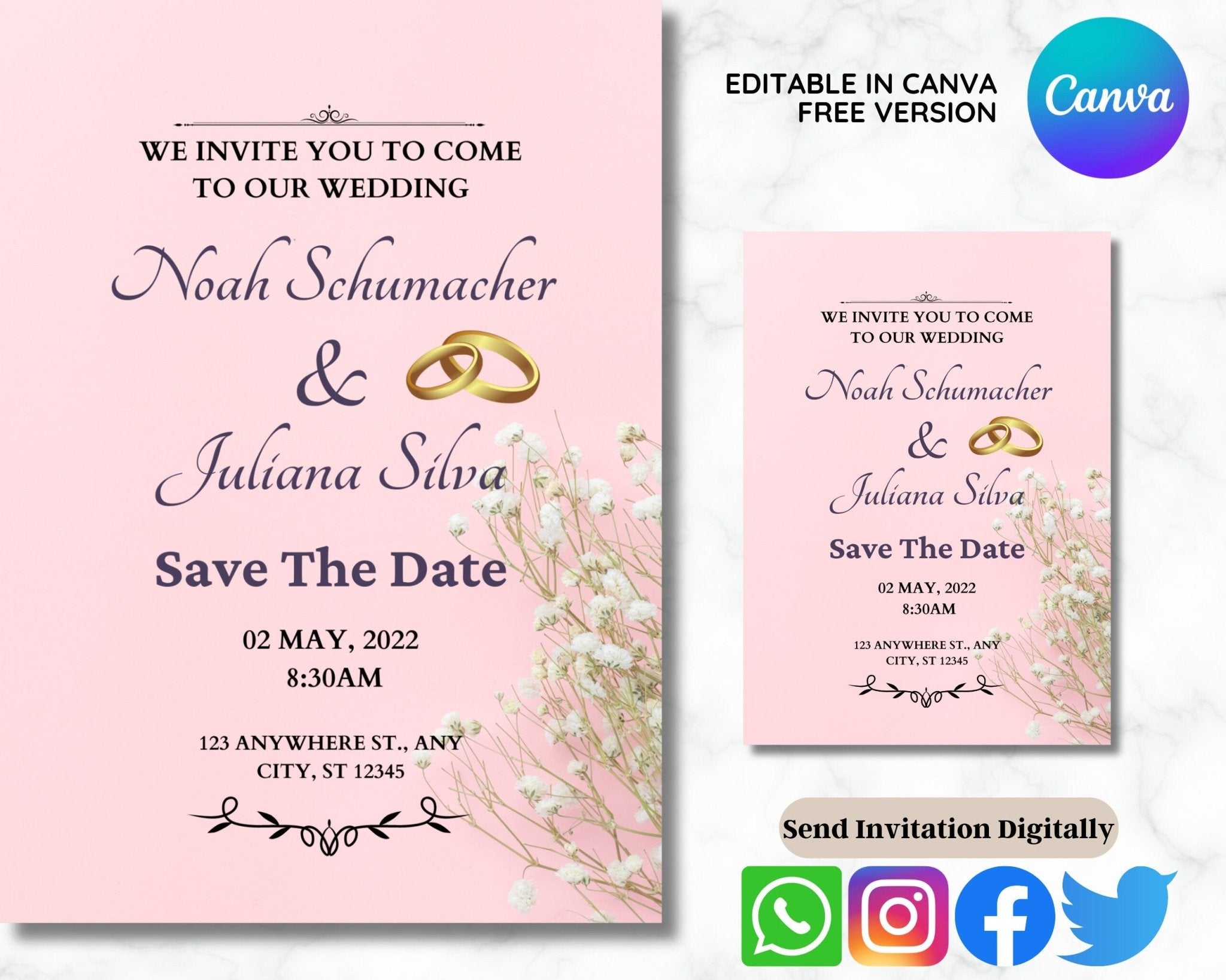 Editable digital wedding invite with modern typography