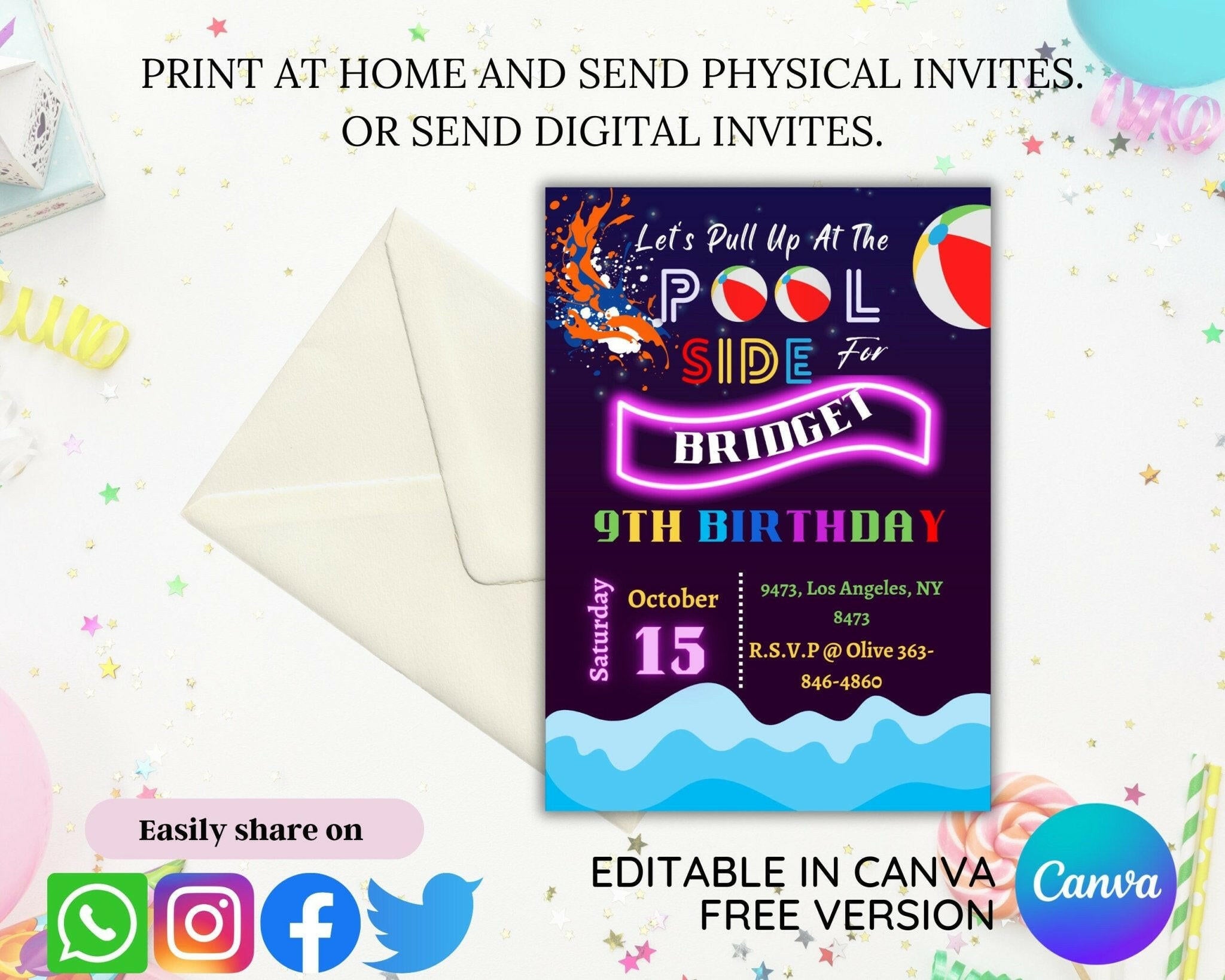 Custom kids birthday party invitation – bright lights design