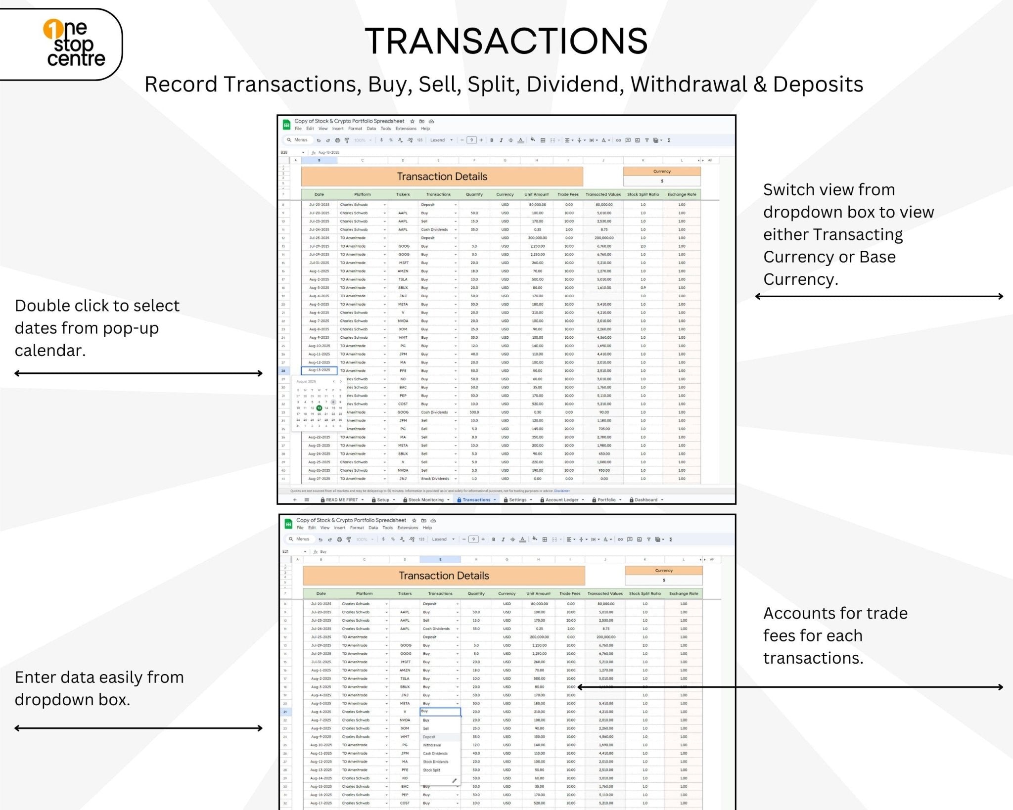 Google Sheets template showing transactions tabs