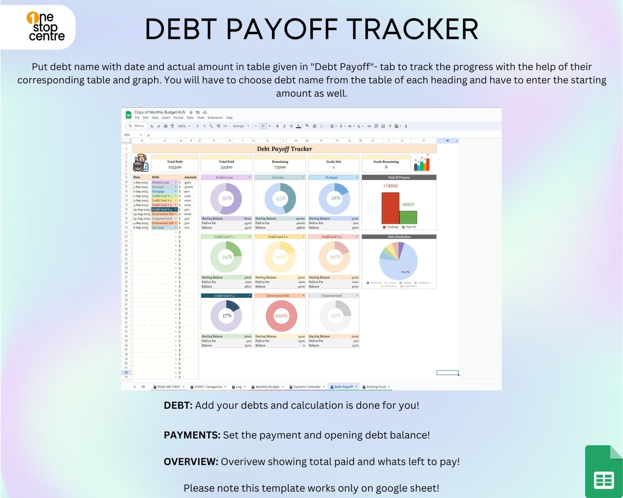 Debt pay off tracker with monthly budget spreadsheet for personal use