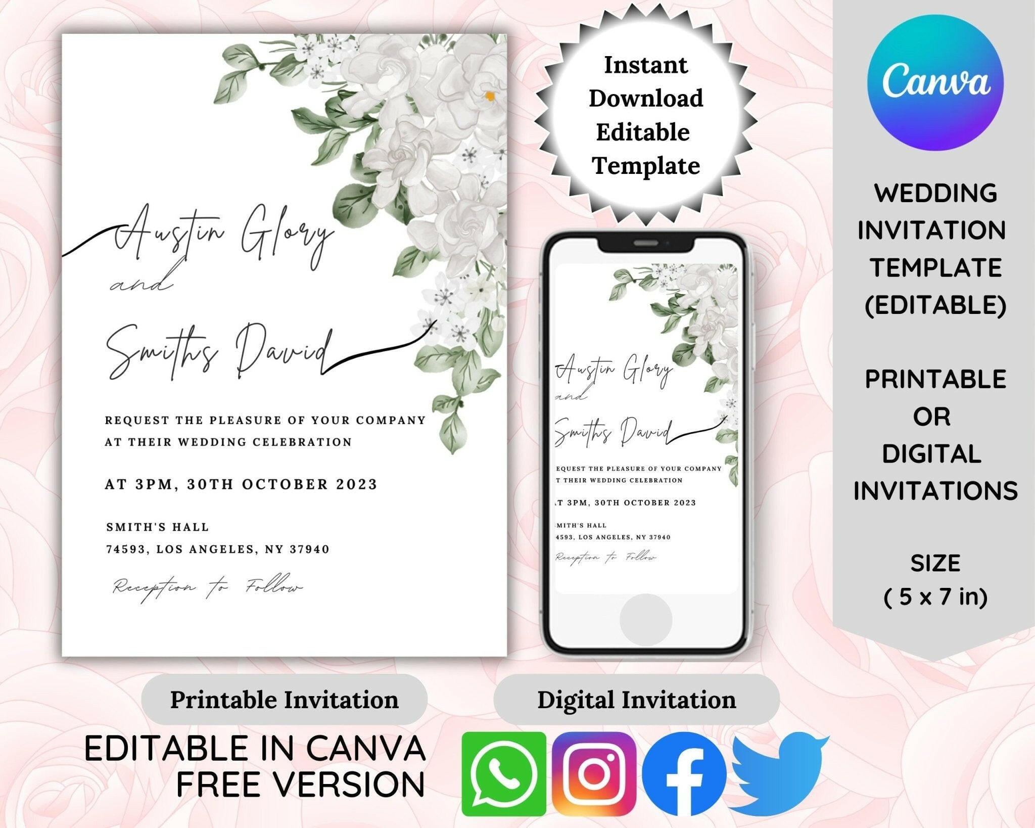 Minimal eucalyptus wedding invitation editable in Canva