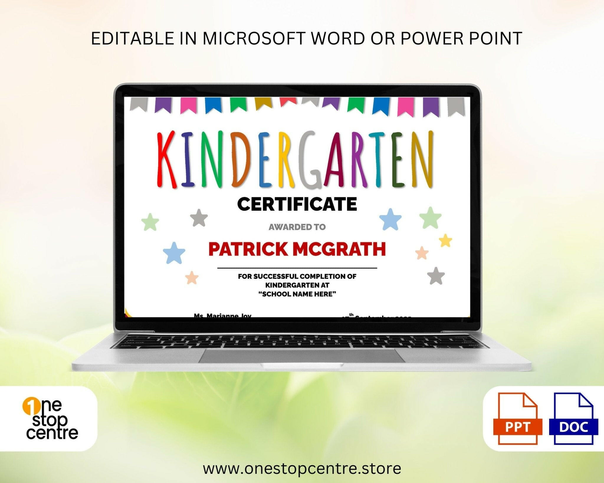Laptop displaying a kindergarten certificate template with colorful text on a light green background.