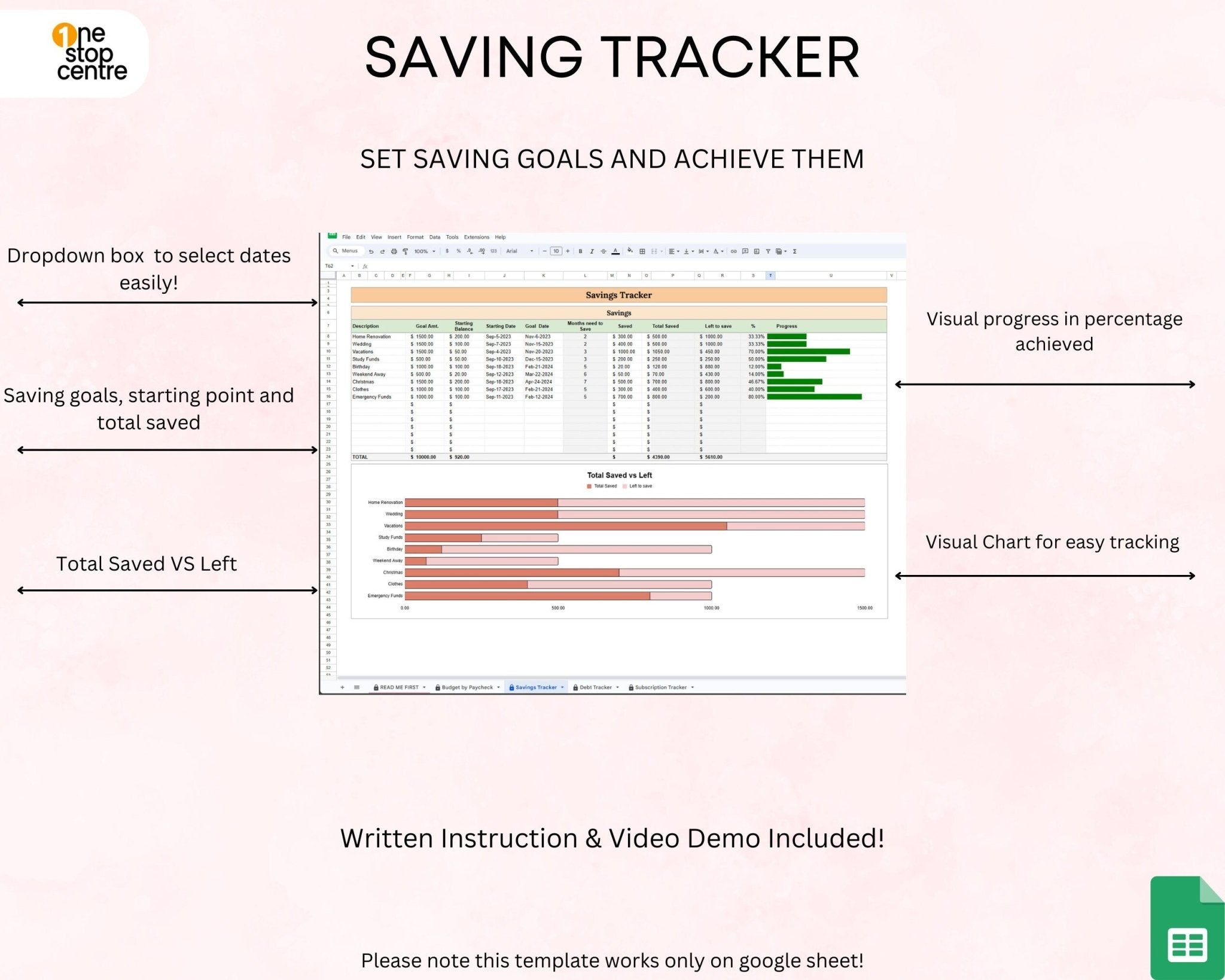 Saving tracker tab overview Google Sheets monthly budget planner spreadsheet