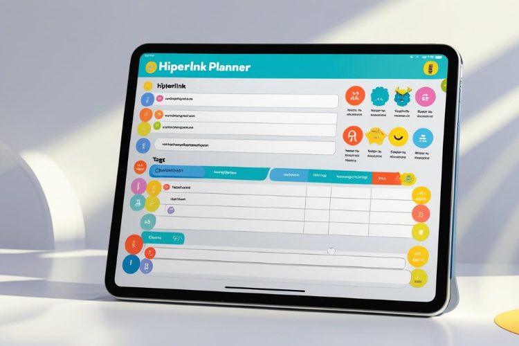 Tablet displaying a digital hyperlink planner with colorful sections, designed for use in GoodNotes and Notability.