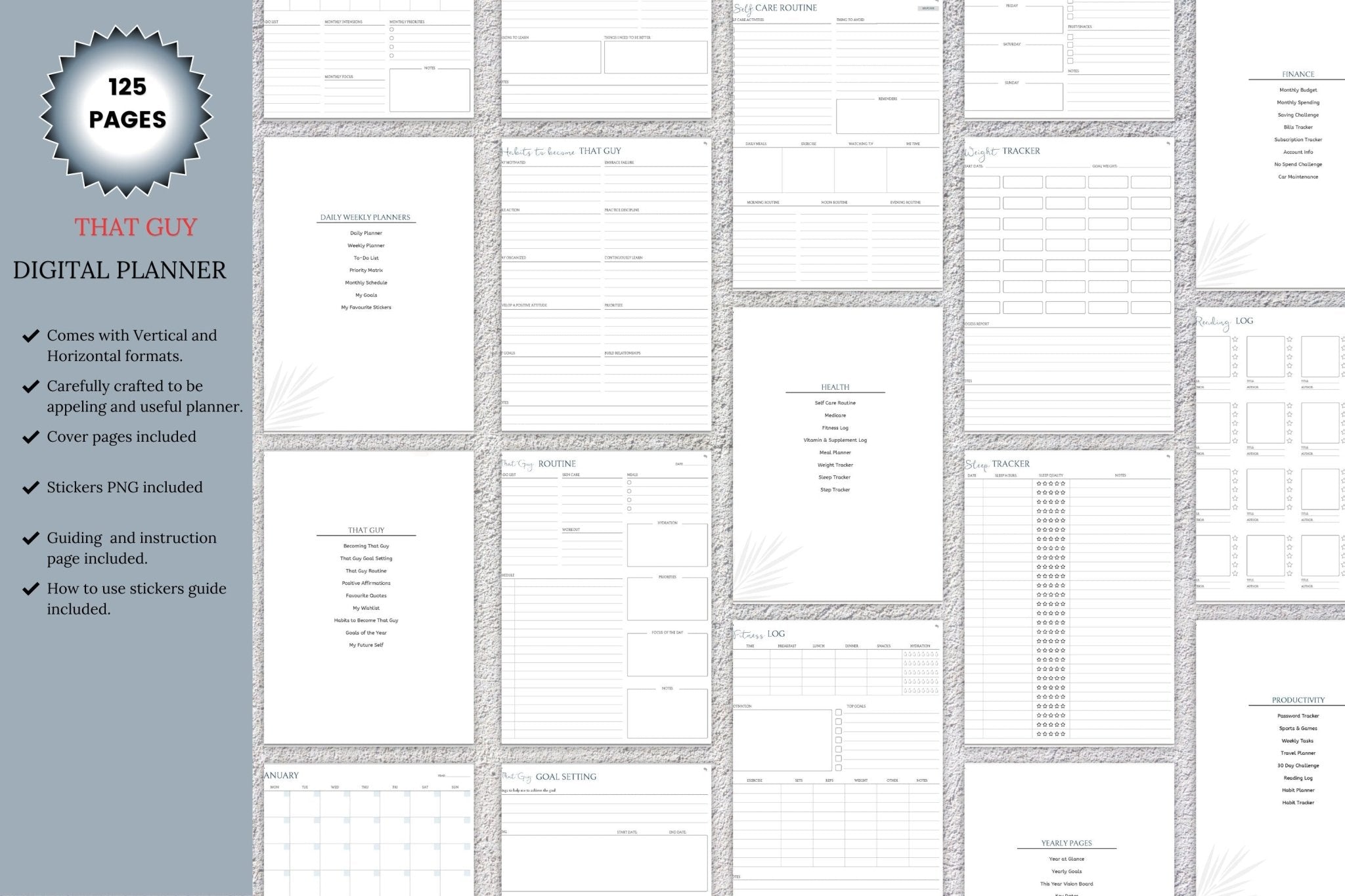 Showcasing pages included in that guy digital planner