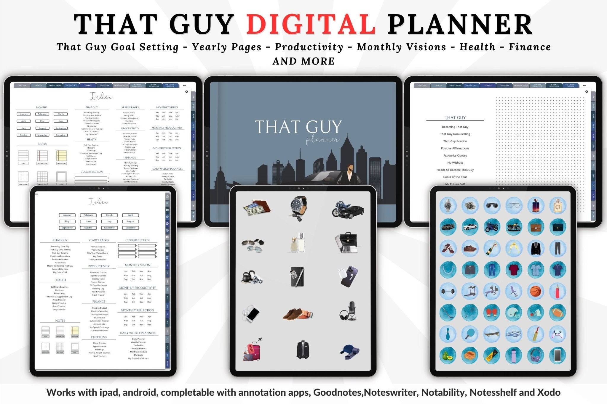 That guy planner display of home page and stickers included in the planner