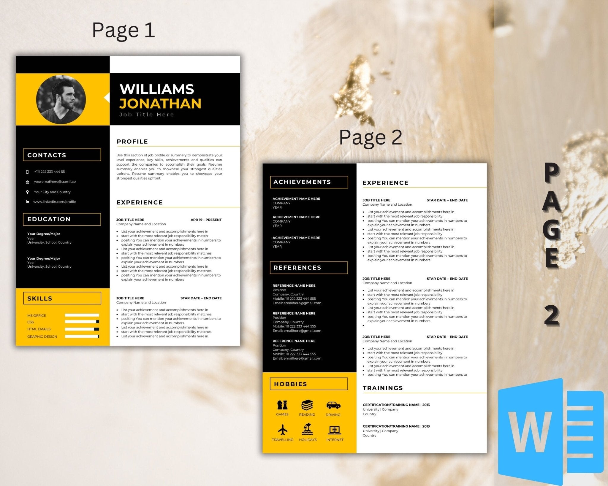 Editable 2-page resume layout featuring a modern design.