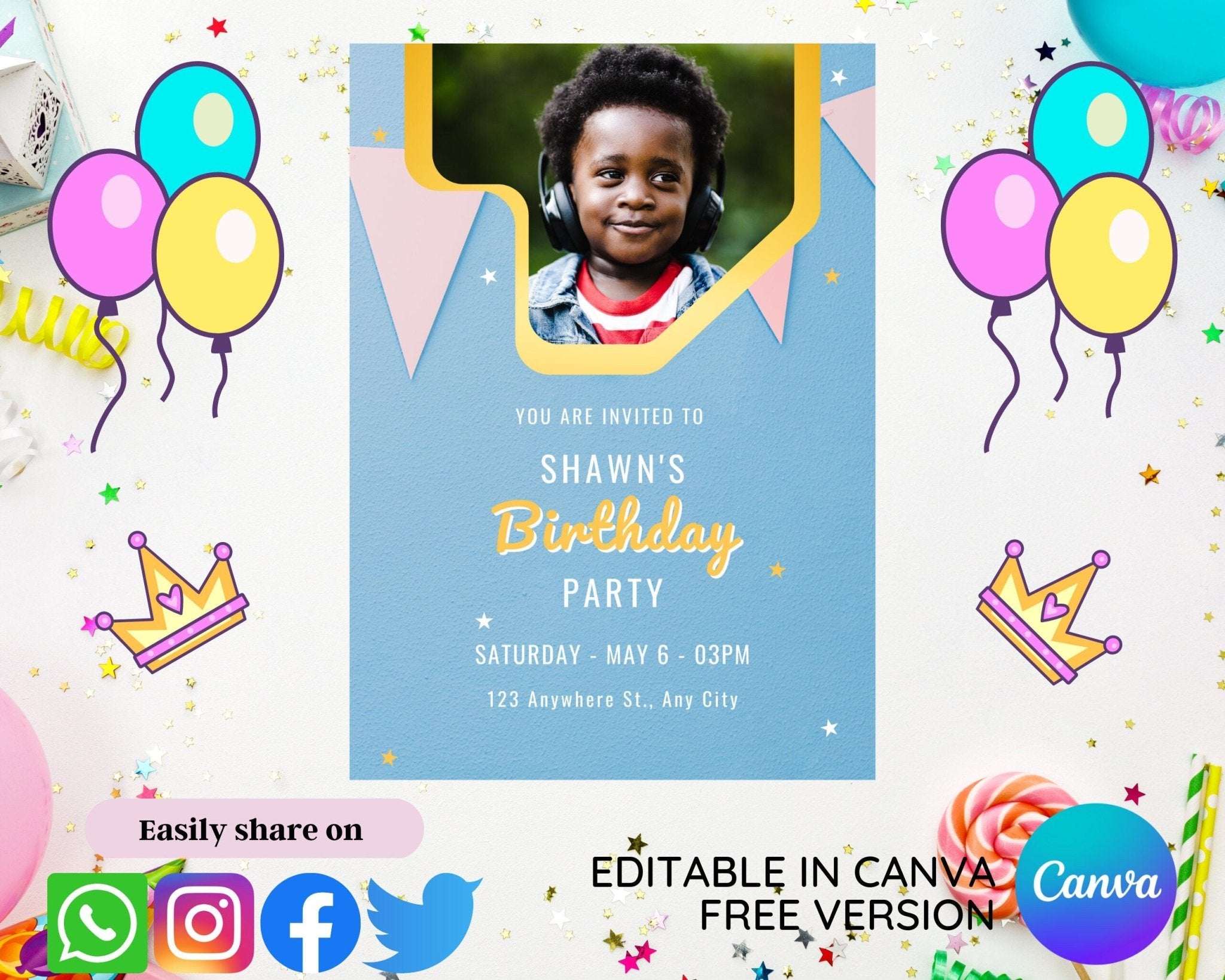Universal birthday party invite design in Canva