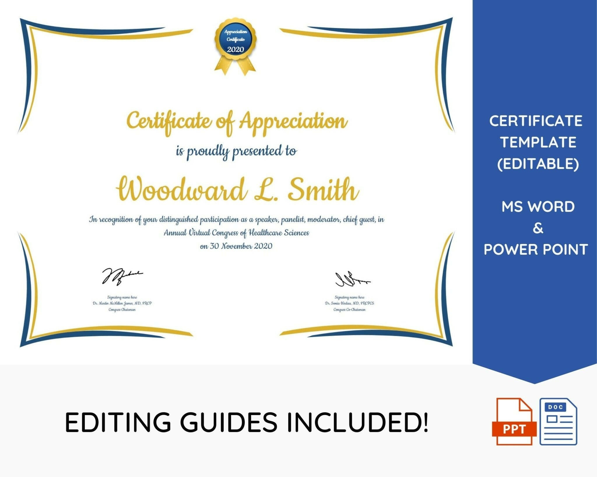 Certificate of Appreciation template editable in Microsoft Word and Power Point, with a gold seal